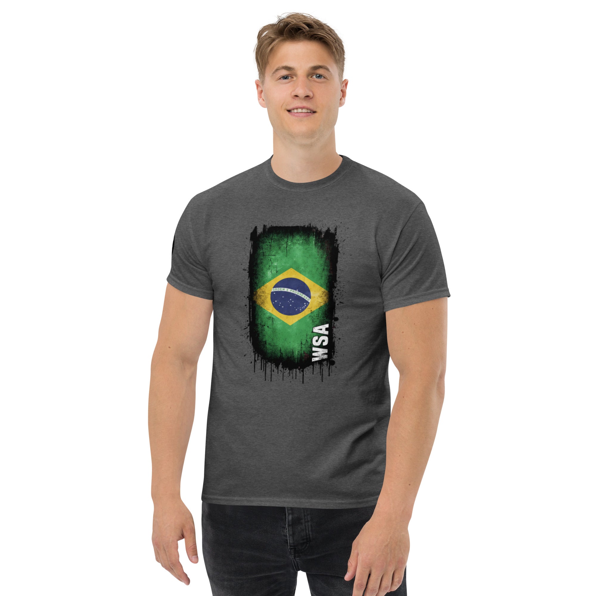 Man wearing a gray t-shirt with a Brazilian flag design on a white background