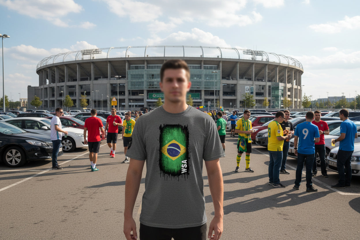 Gray t-shirt with Brazilian flag design and 'WSA' logo on a white background