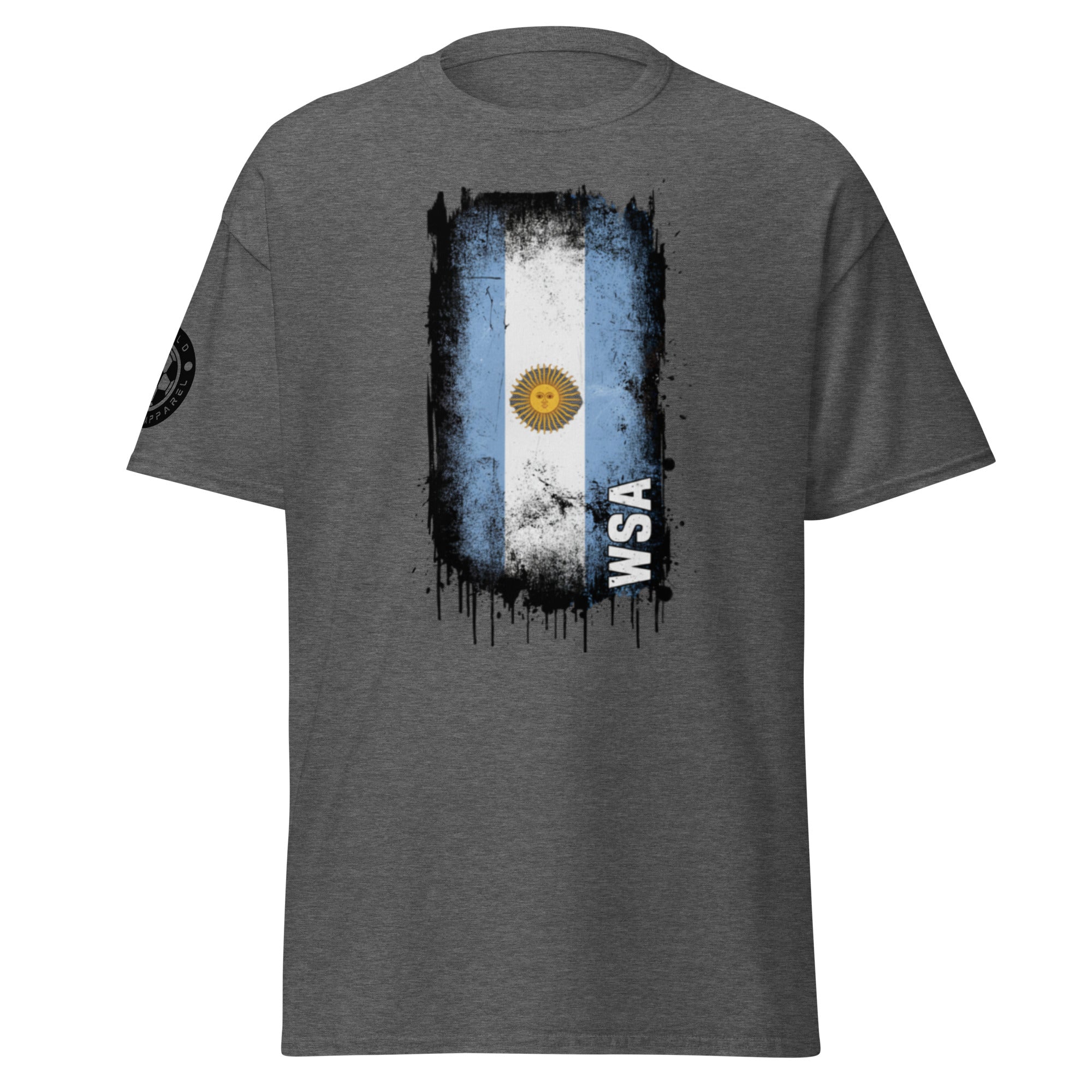 Gray t-shirt with Argentina flag design on a white background
