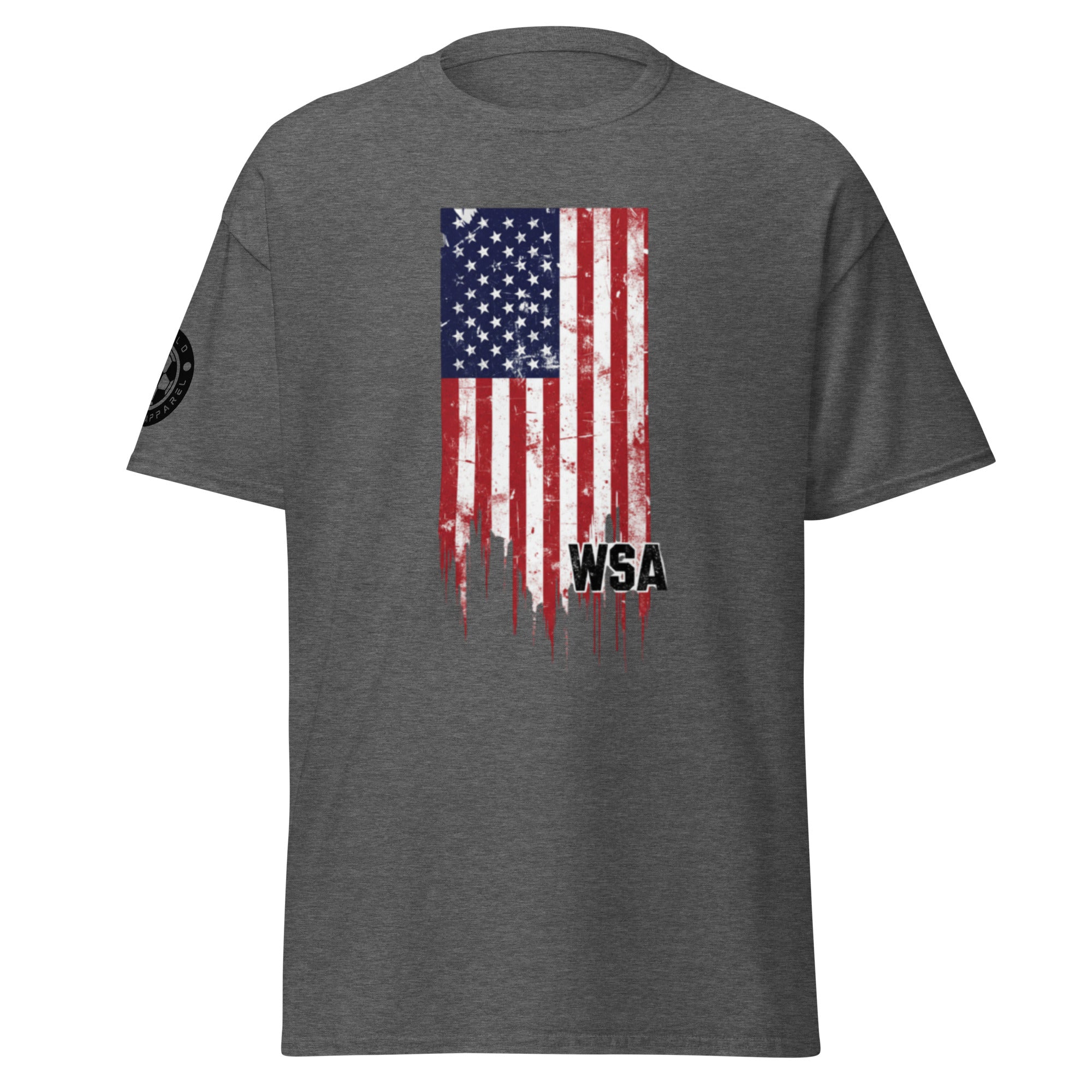 Gray t-shirt with American flag graphic and 'WSA' logo on a white background