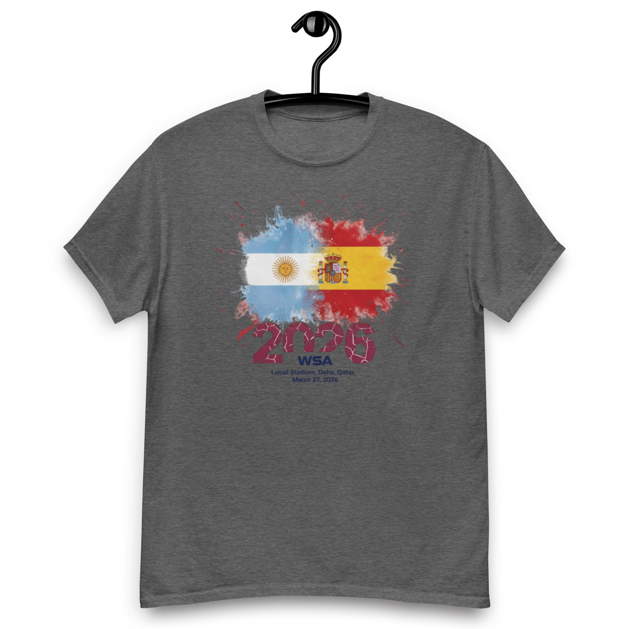 Gray t-shirt with colorful graphic design on a hanger against a white background