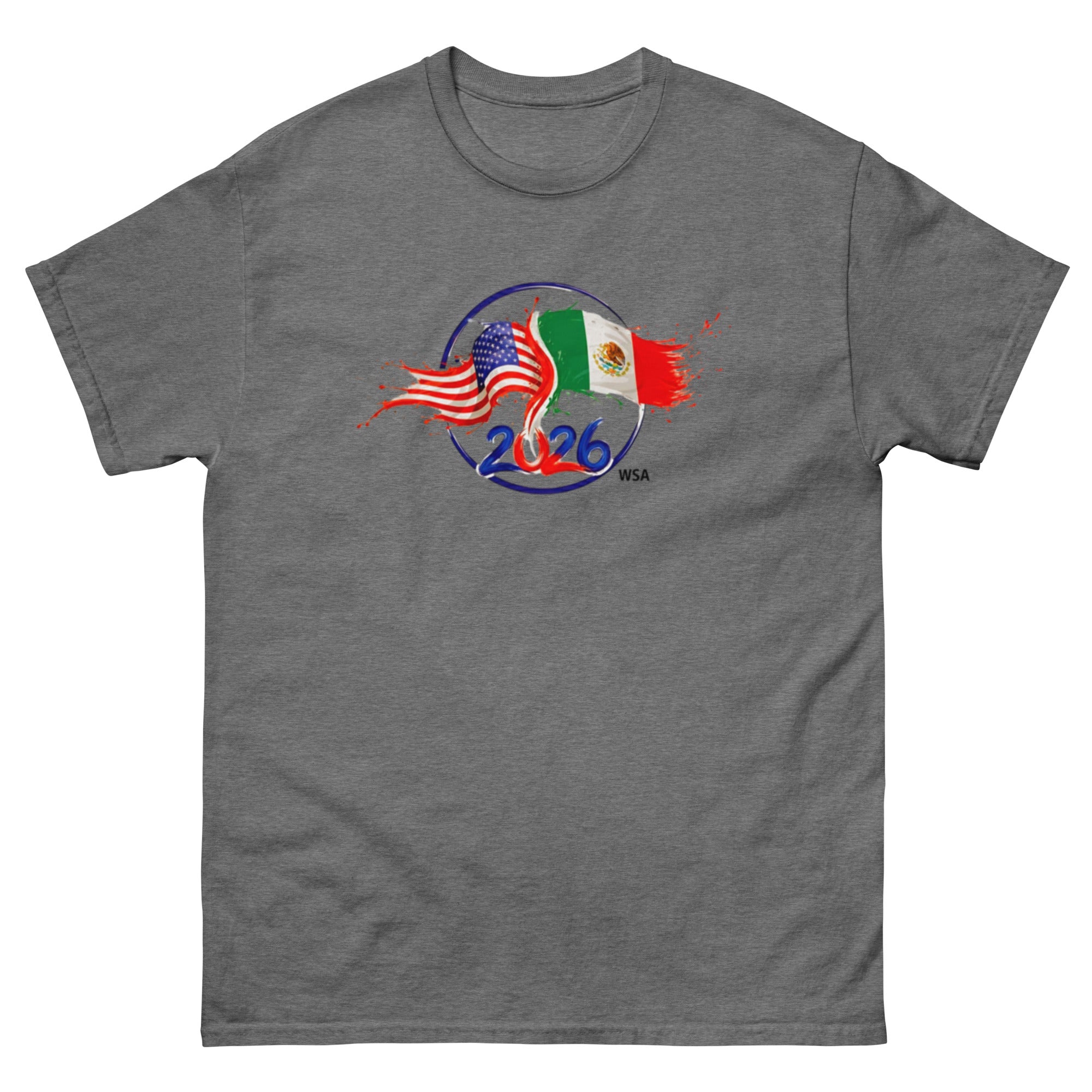 Gray t-shirt with 2026 FIFA World Cup logo featuring American and Mexican flags on a white background