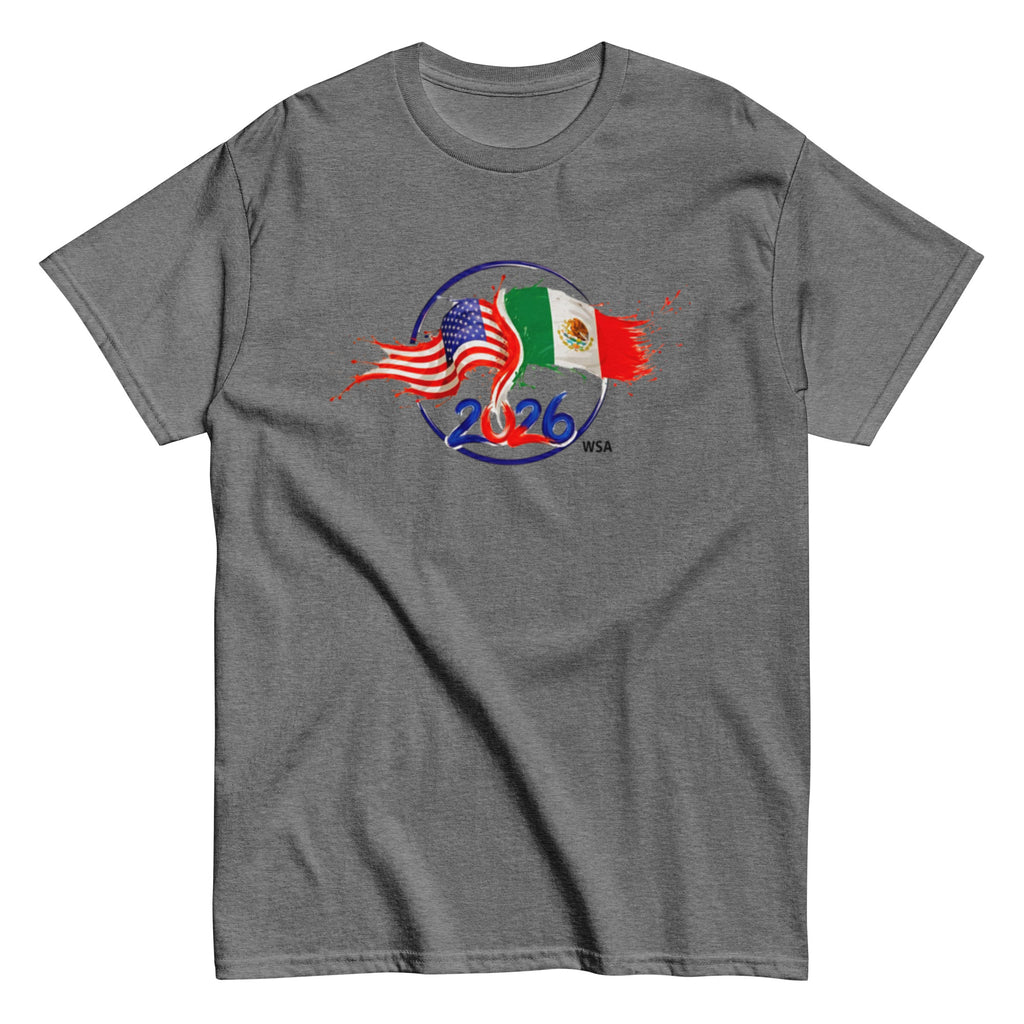 Gray t-shirt with 2026 FIFA World Cup logo featuring American and Mexican flags on a white background.