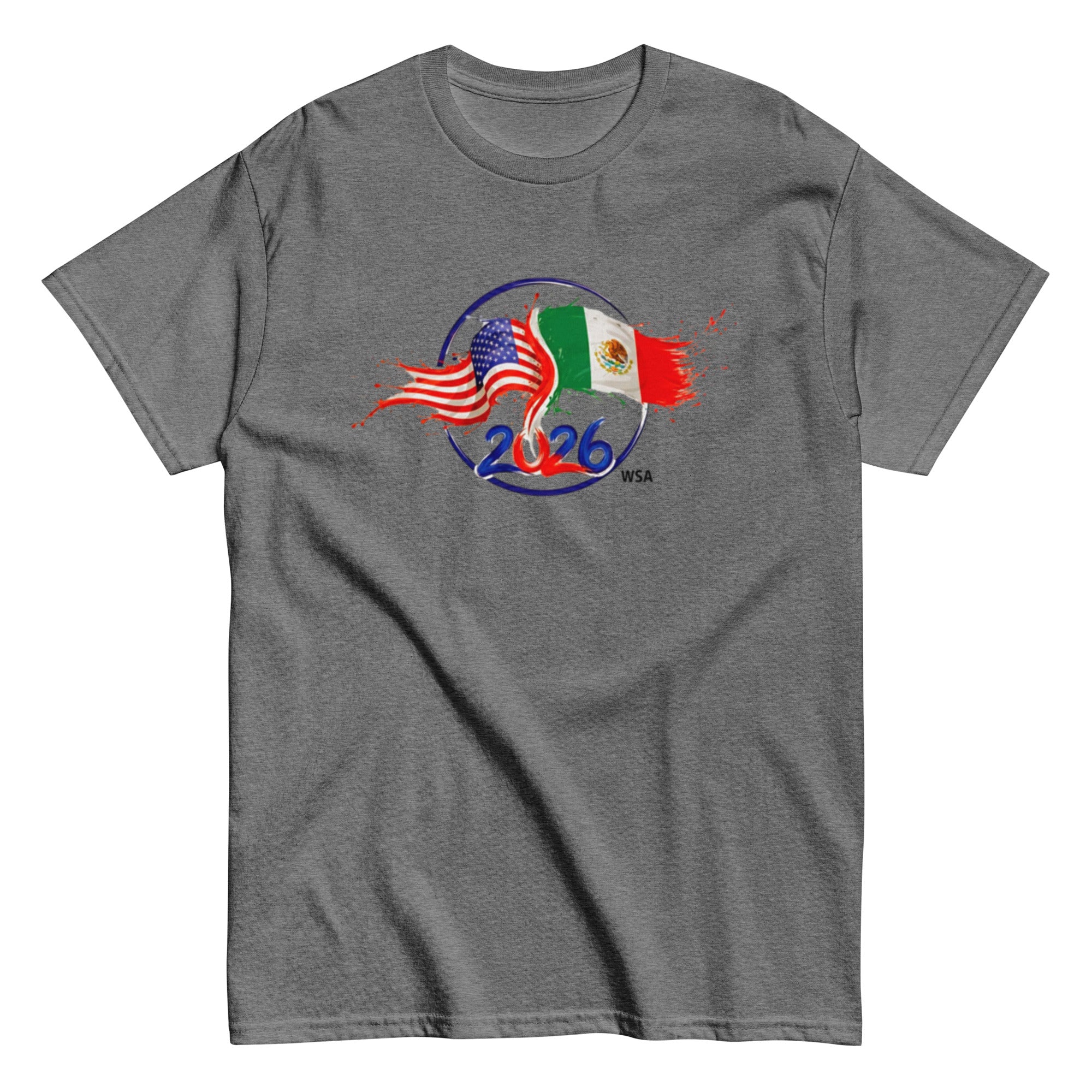 Gray t-shirt with 2026 FIFA World Cup logo featuring American and Mexican flags on a white background.