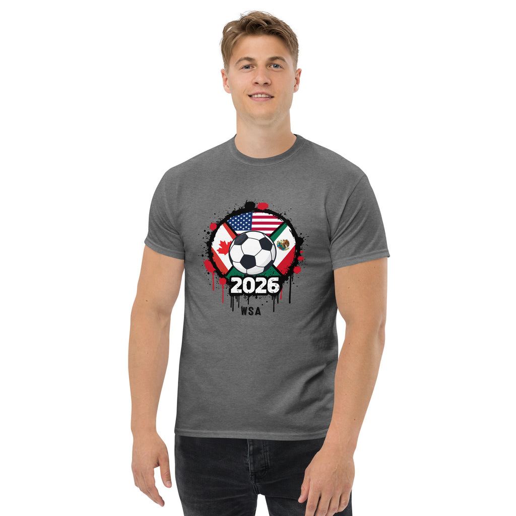 Person wearing a gray t-shirt with a soccer ball and flags design on a white background