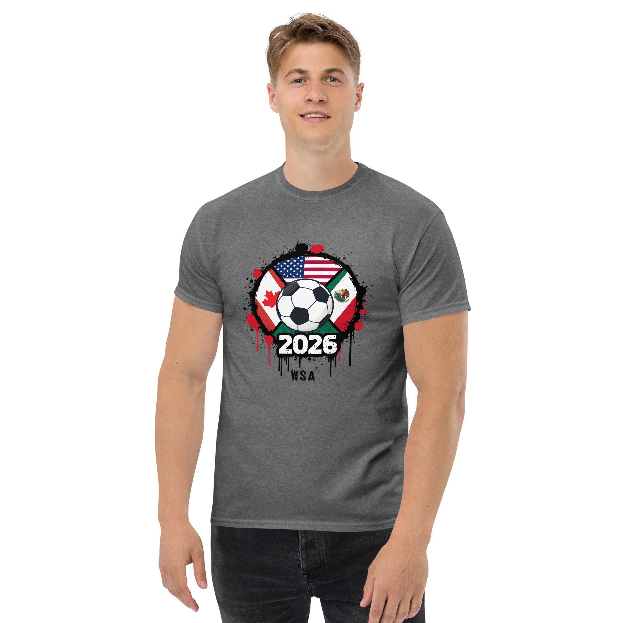 Person wearing a gray t-shirt with a soccer ball and flags design on a white background