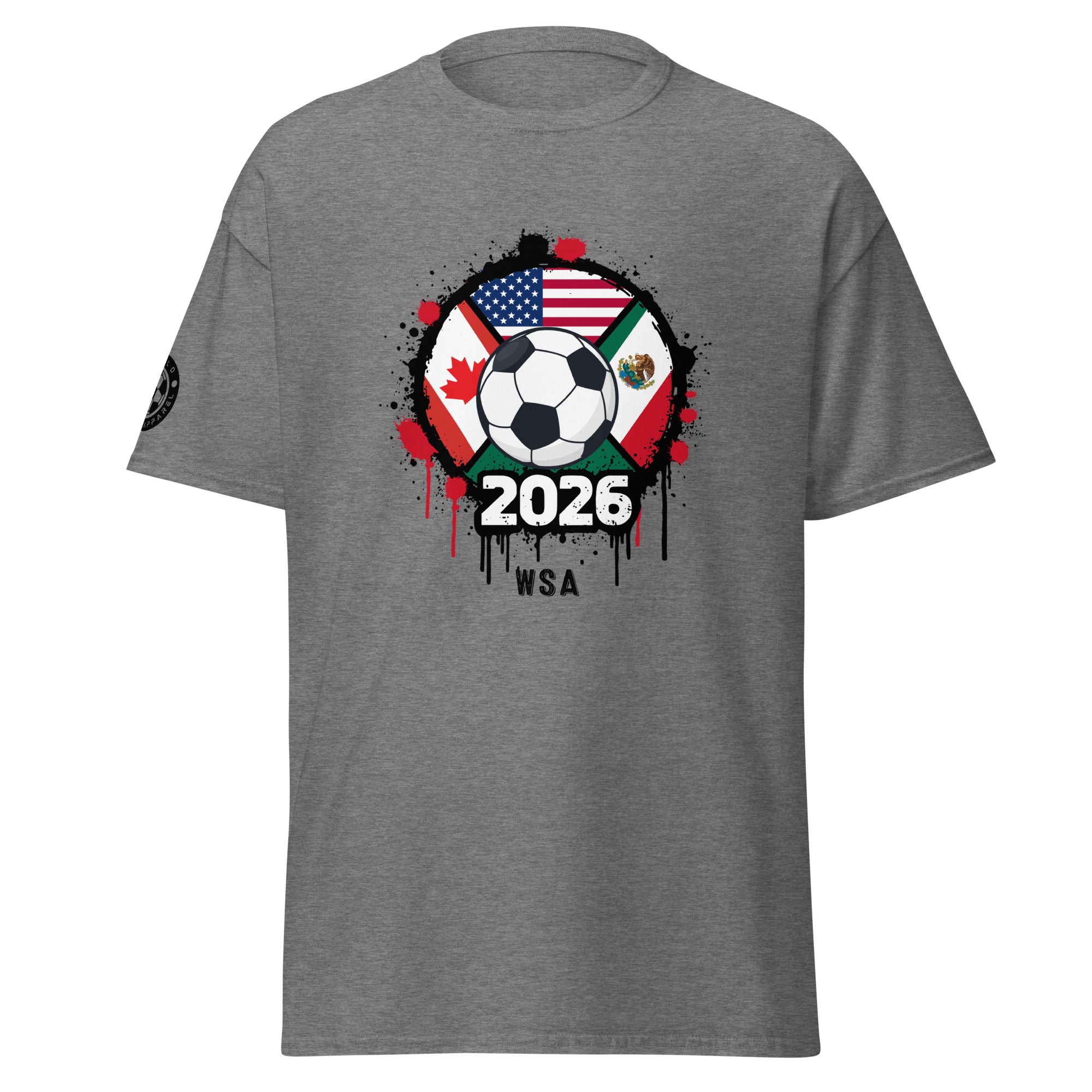 Gray t-shirt with soccer ball and flags design on a white background
