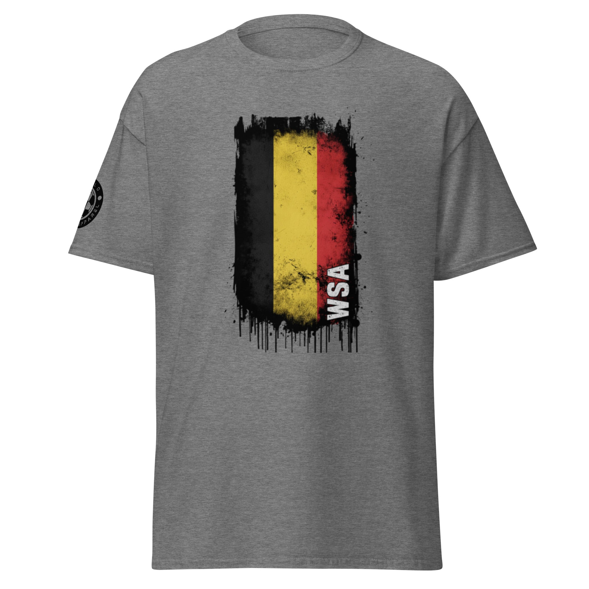 Gray t-shirt with a Belgian flag design and 'WSA' text on a white background