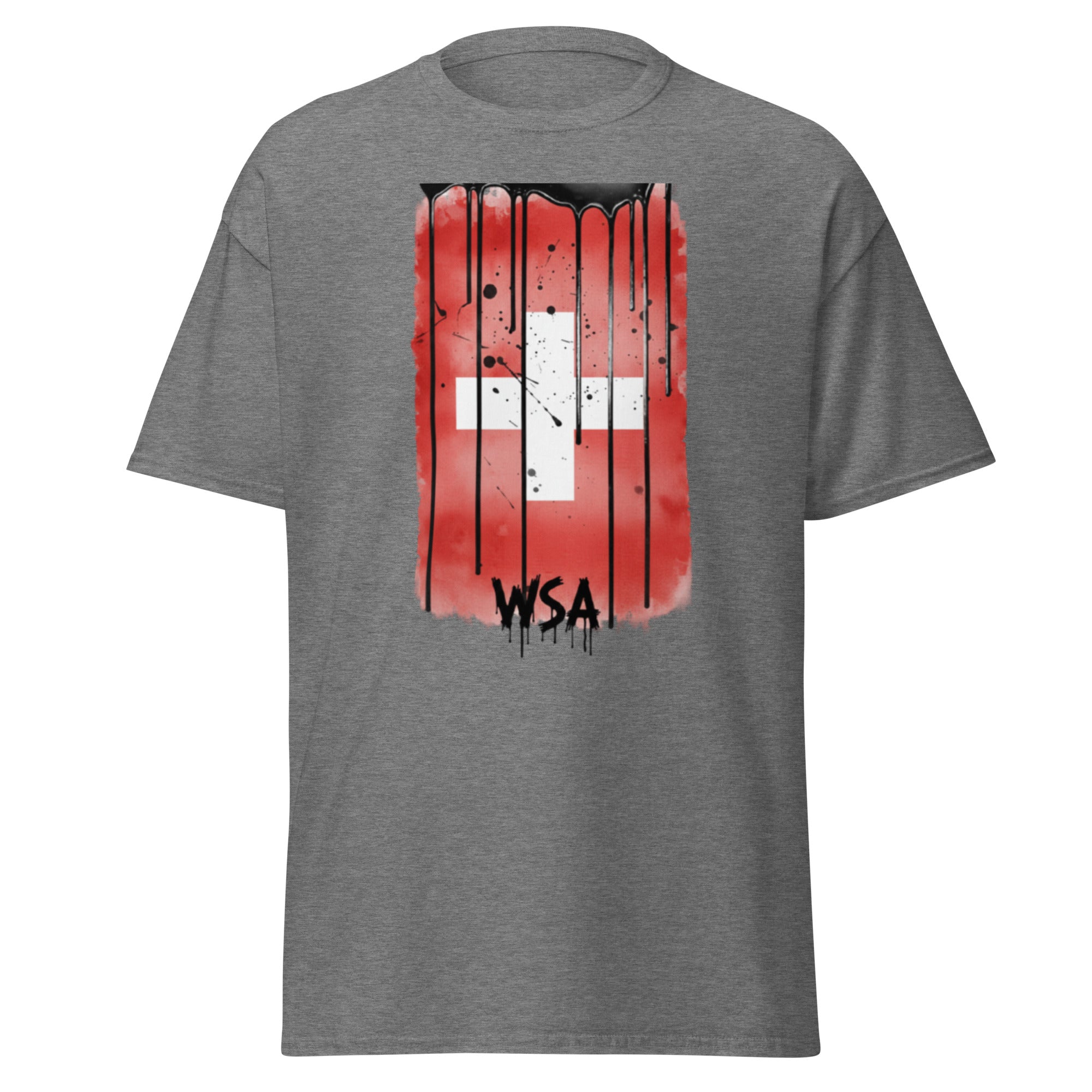 Gray t-shirt with a red and white graphic design on a white background