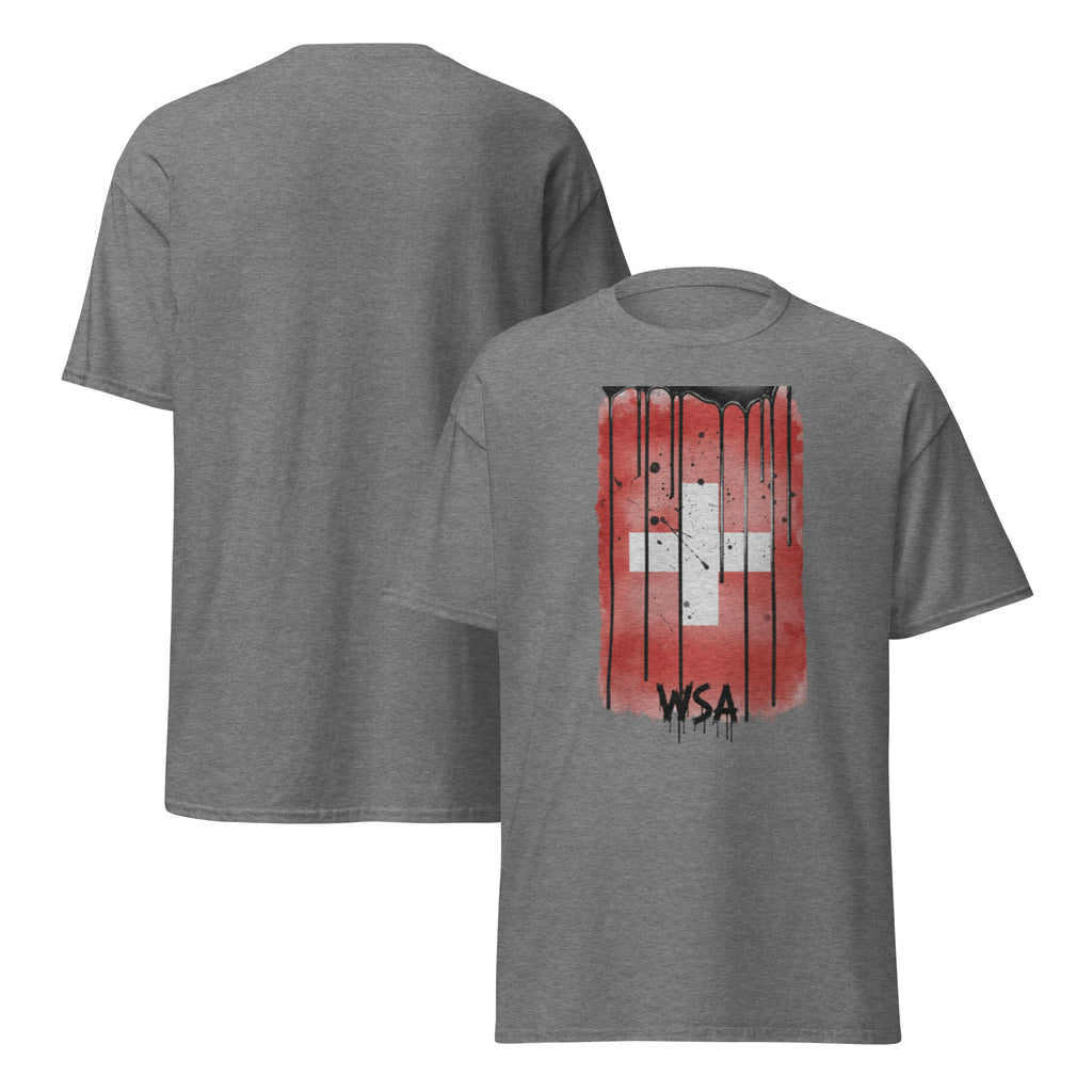 Gray t-shirt with a red graphic design on the front, displayed from front and back views.