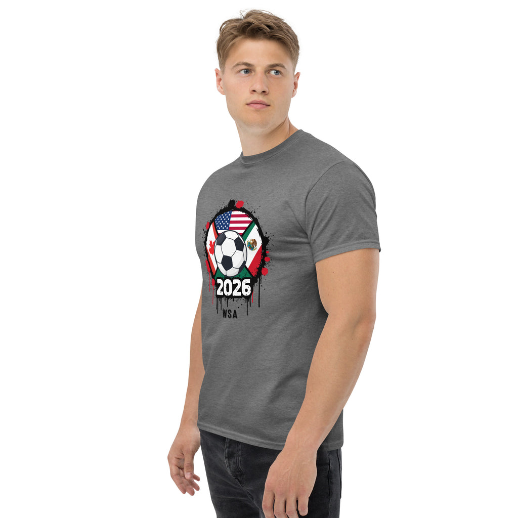 Man wearing a gray t-shirt with a soccer-themed design on a white background
