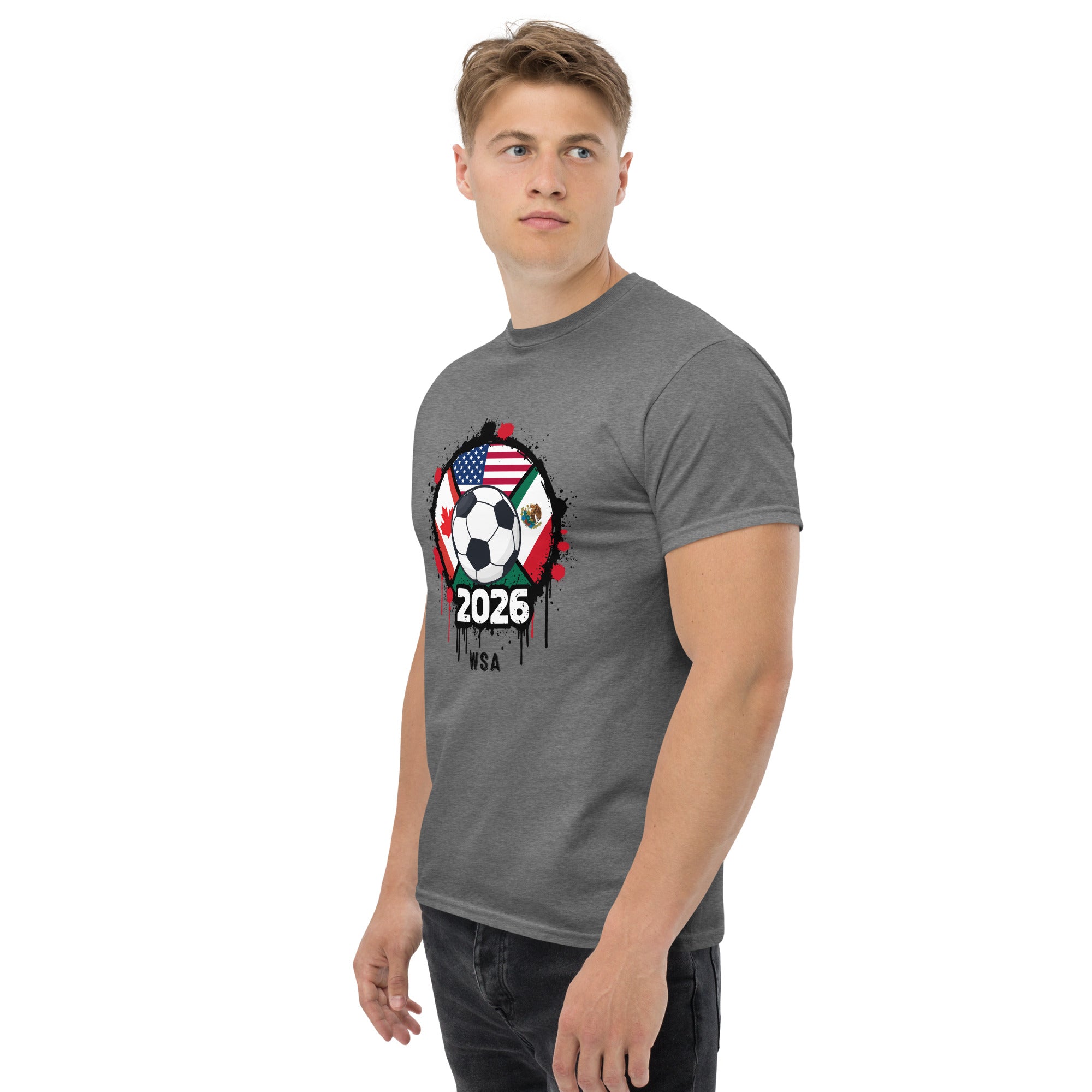 Man wearing a gray t-shirt with a soccer-themed design on a white background