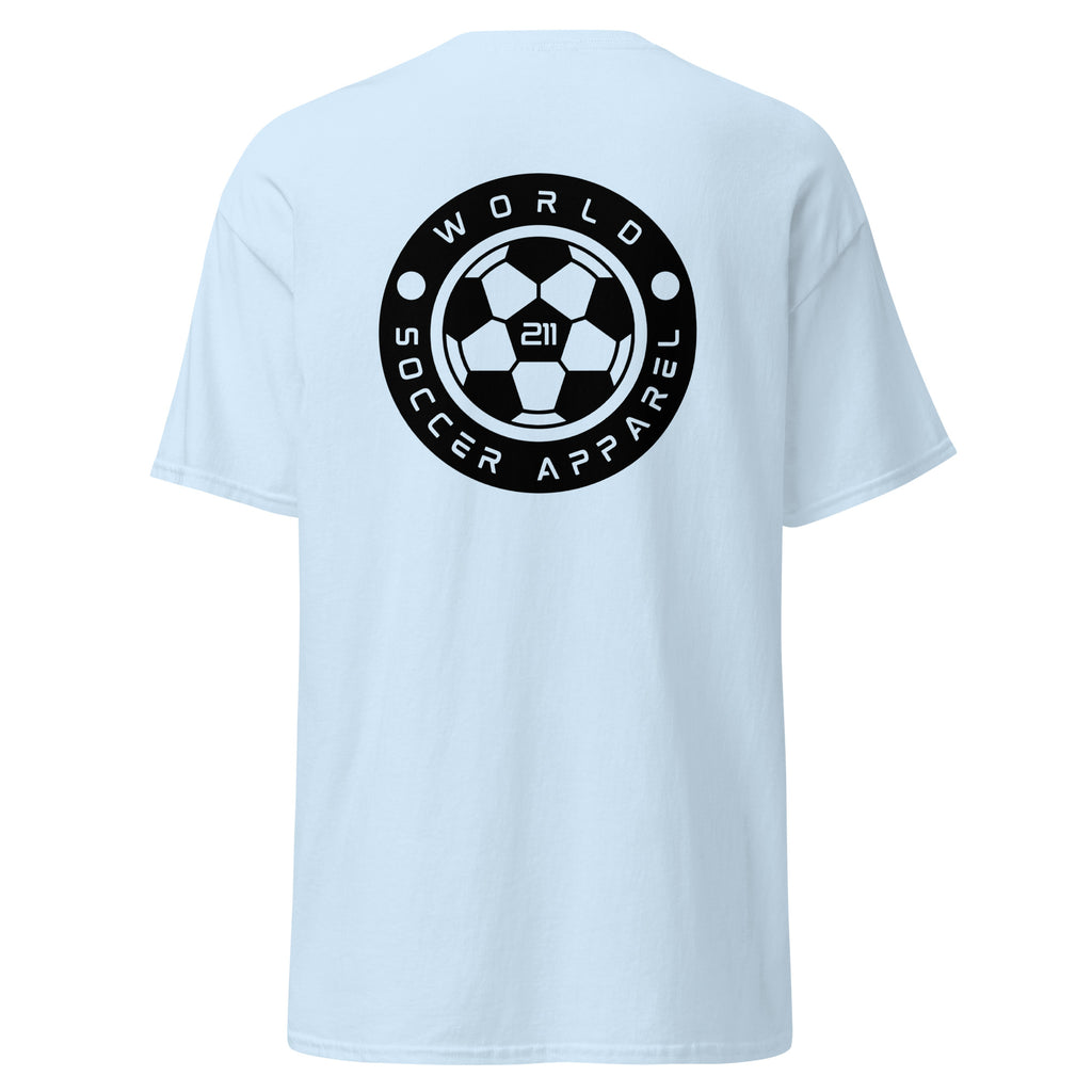 Light blue t-shirt with World Soccer Apparel logo on a white background
