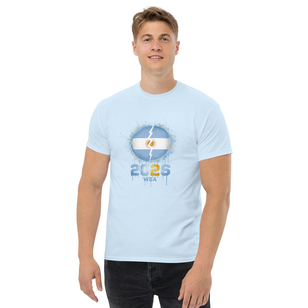 Person wearing a light blue t-shirt with a graphic design on a white background