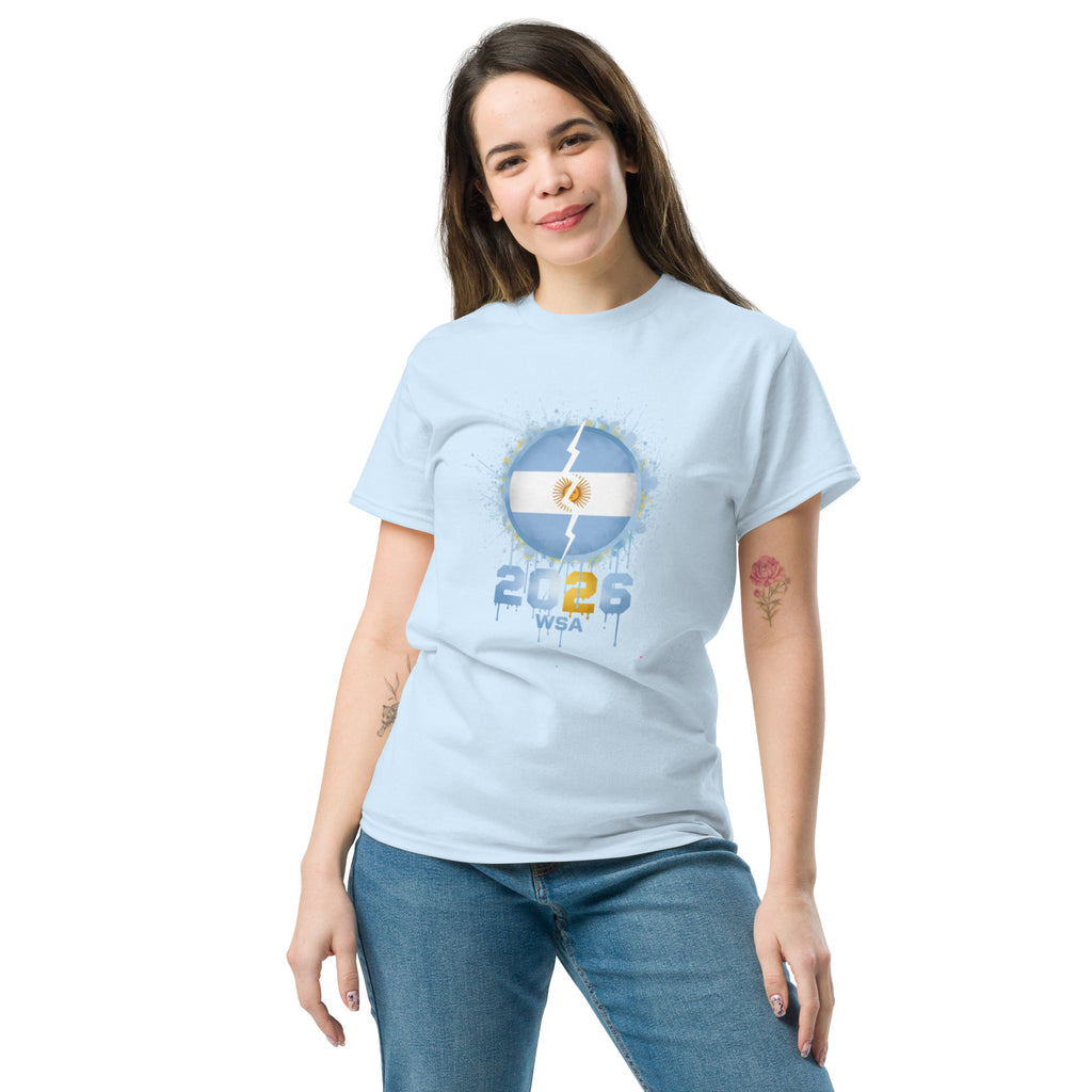 Woman wearing a light blue t-shirt with a design on a white background