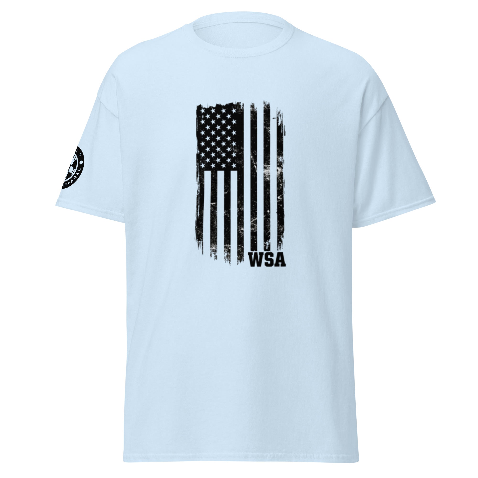 Light blue t-shirt with American flag and 'WSA' text on a white background
