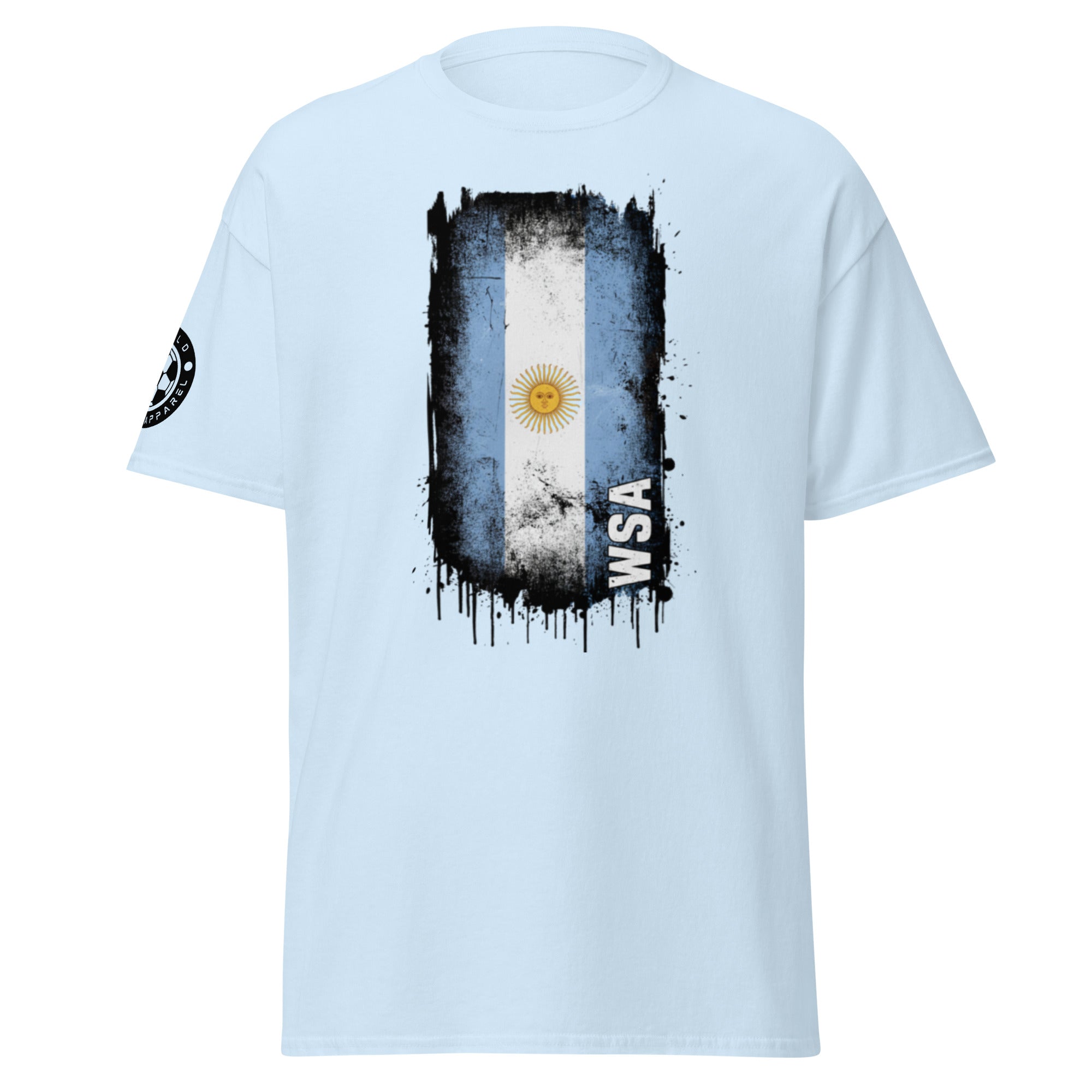 Light blue t-shirt with a graphic design on the back featuring the flag of Argentina and 'WSA' text.
