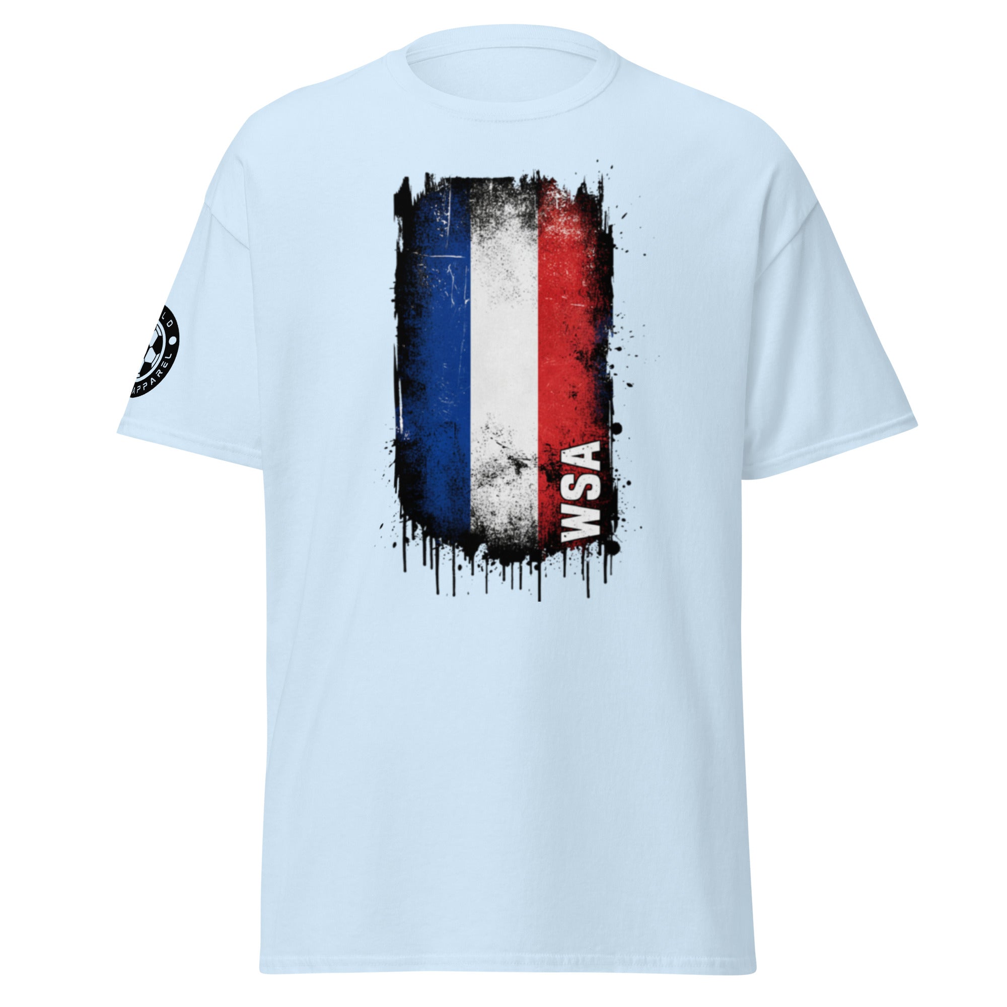 Light blue t-shirt with a colorful graphic design on the back and 'WSA' branding.