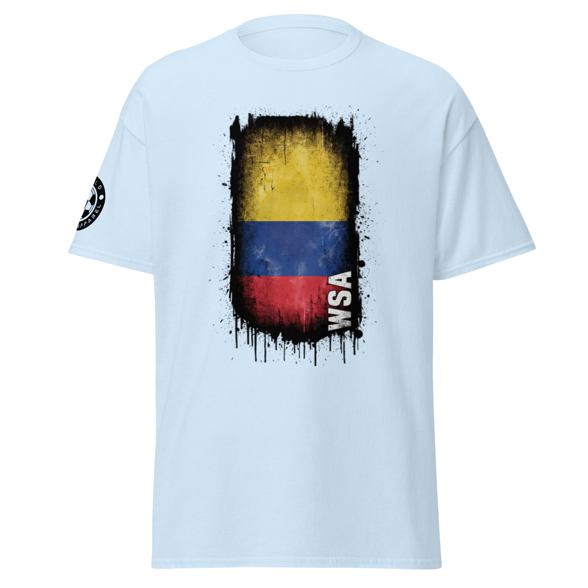 Light blue t-shirt with a colorful graphic design on the back against a white background