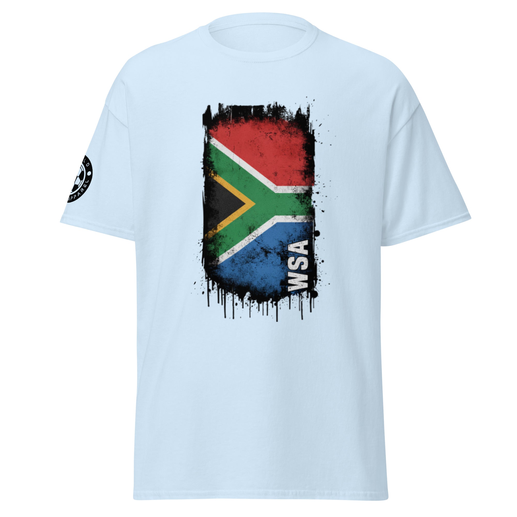 Light blue t-shirt with South African flag design on a white background