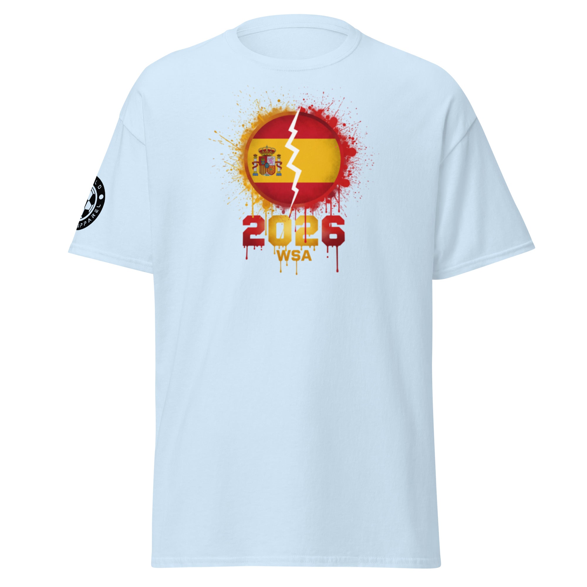 Light blue t-shirt with a graphic design featuring a red and yellow flag and '2026 WSA' text on a white background.