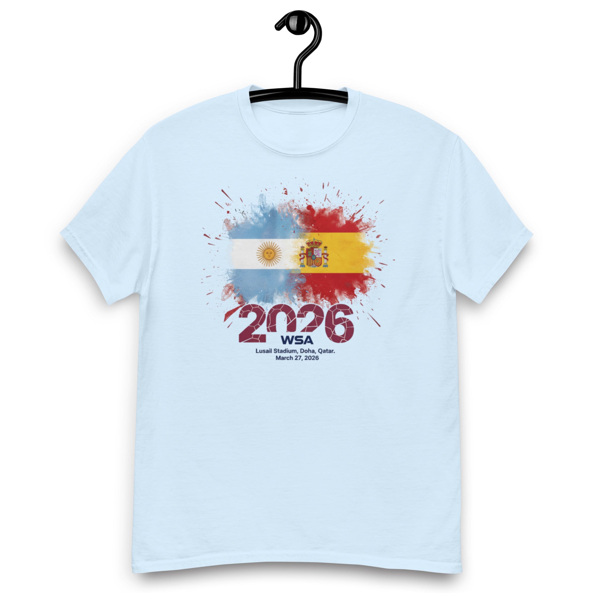 Light blue t-shirt with colorful design and text on a hanger against a white background