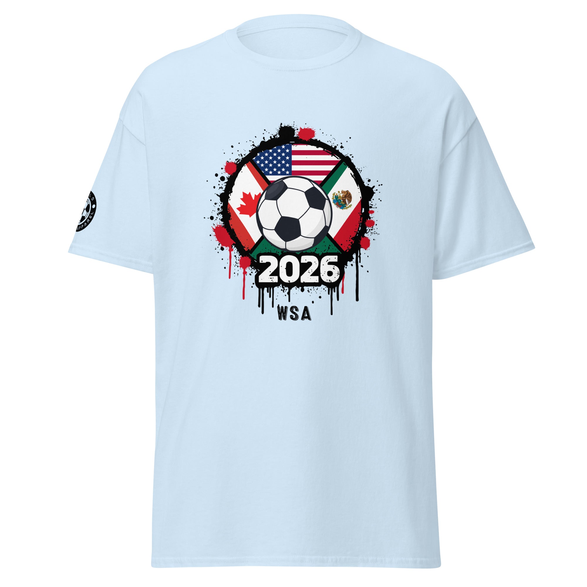Light blue t-shirt with soccer ball and flags design on a white background