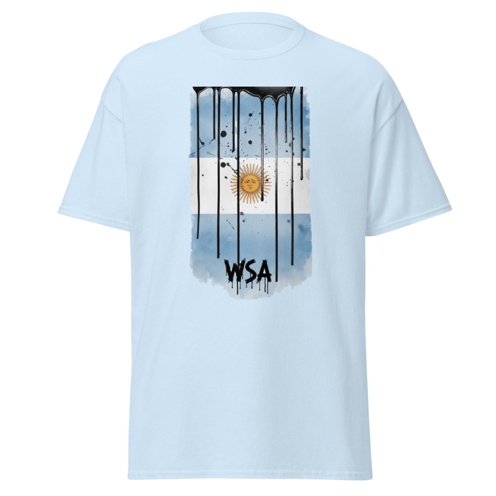 Light blue t-shirt with a graphic design of an Argentine flag and 'WSA' text on a white background