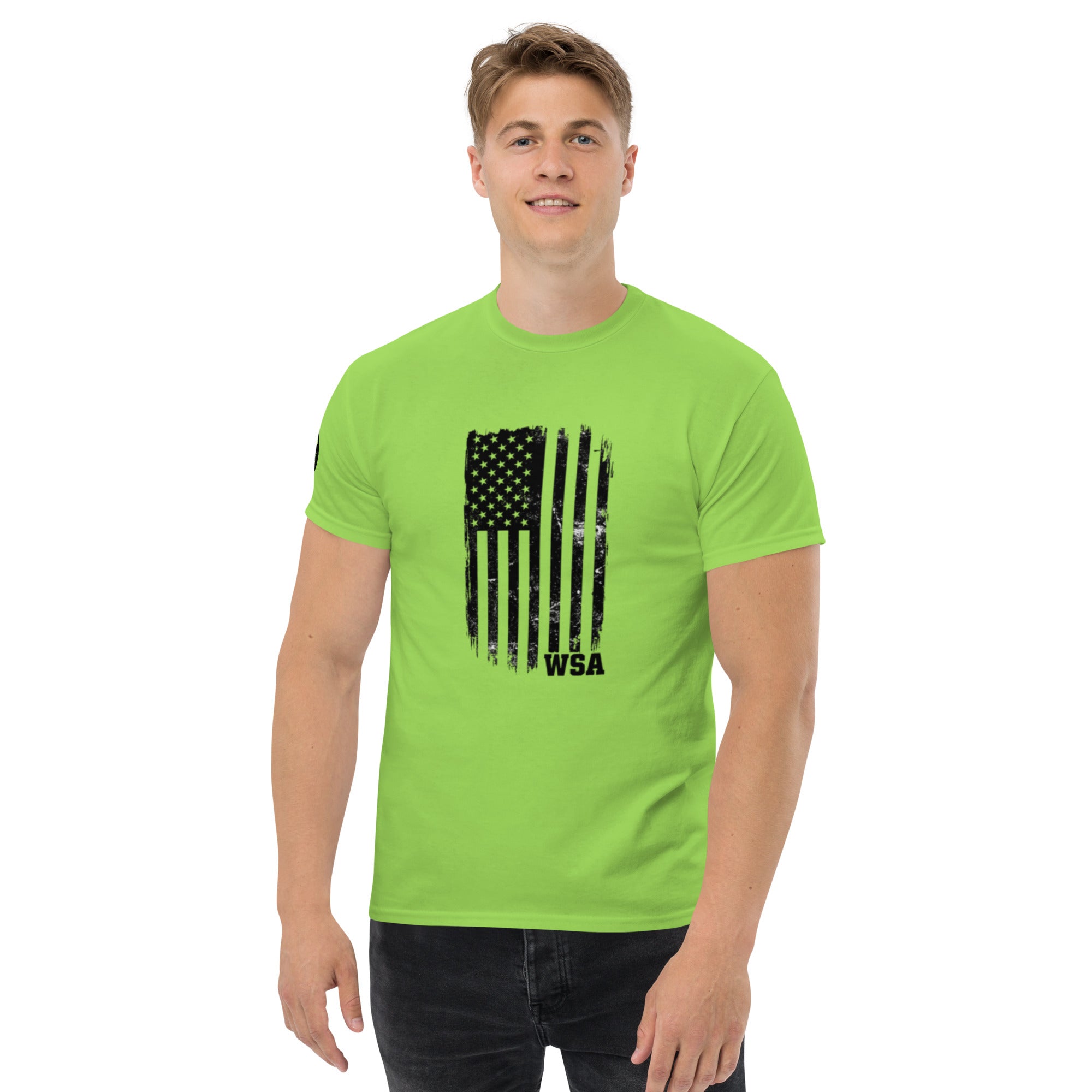 Person wearing a bright green t-shirt with an American flag graphic and 'WSA' text on a white background