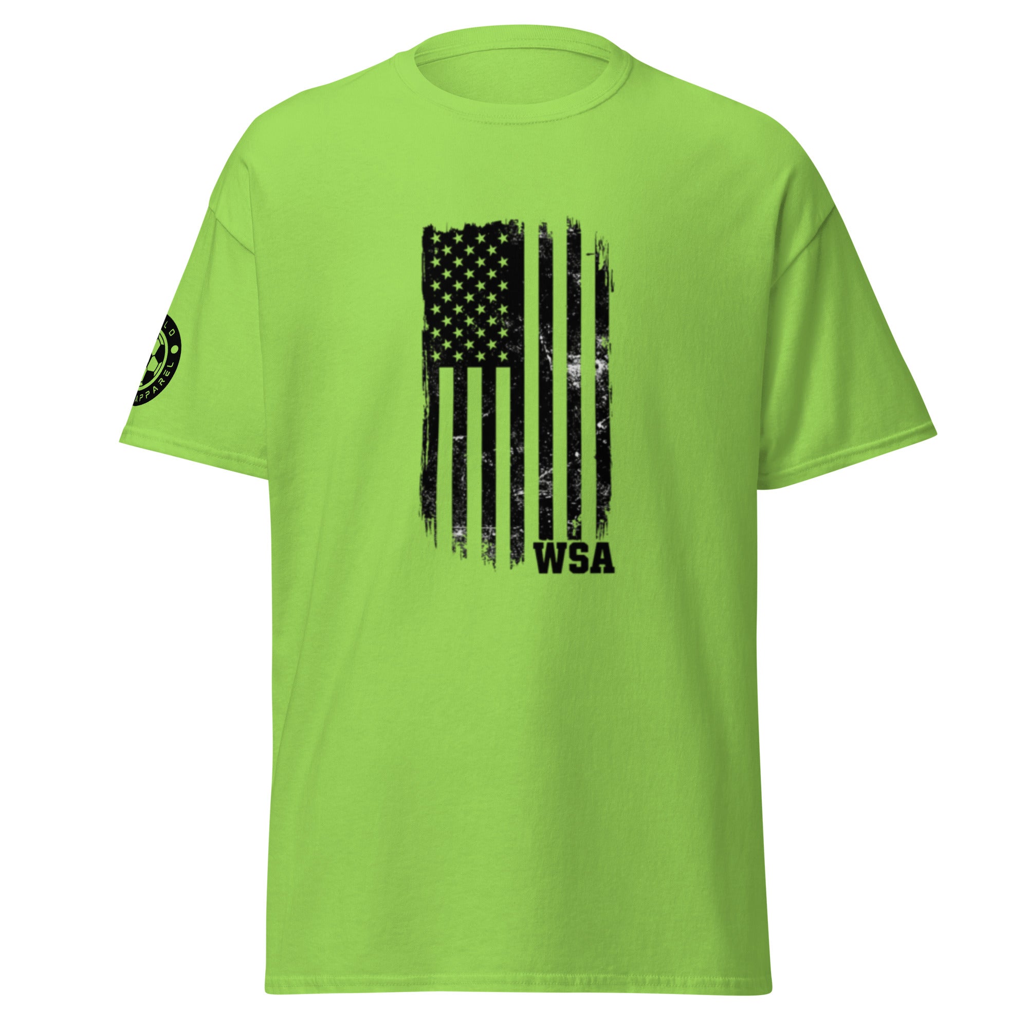 Green t-shirt with black American flag graphic and 'WSA' text on a white background