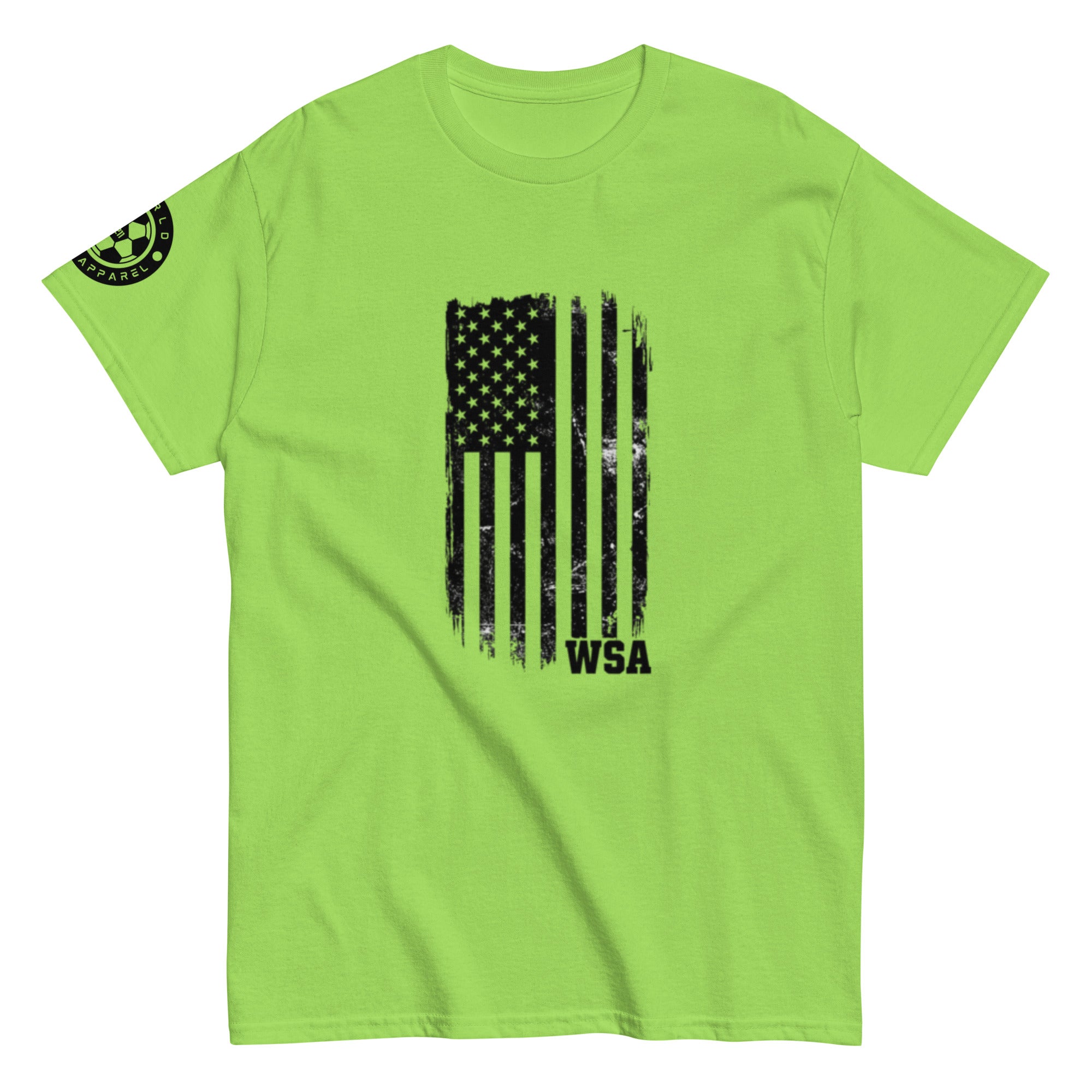 Green t-shirt with black American flag graphic and 'WSA' text on a white background