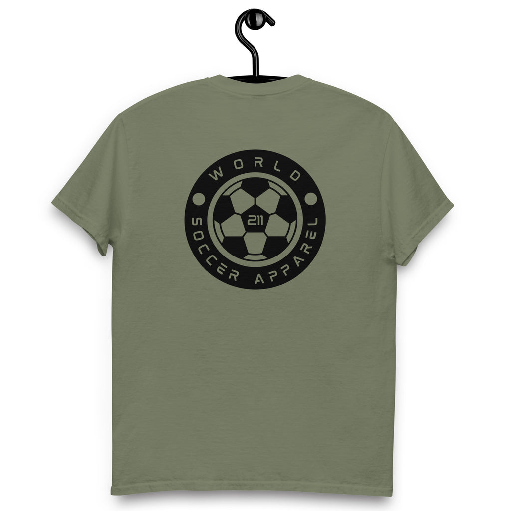 Green t-shirt with World Soccer Apparel logo on a hanger against a white background