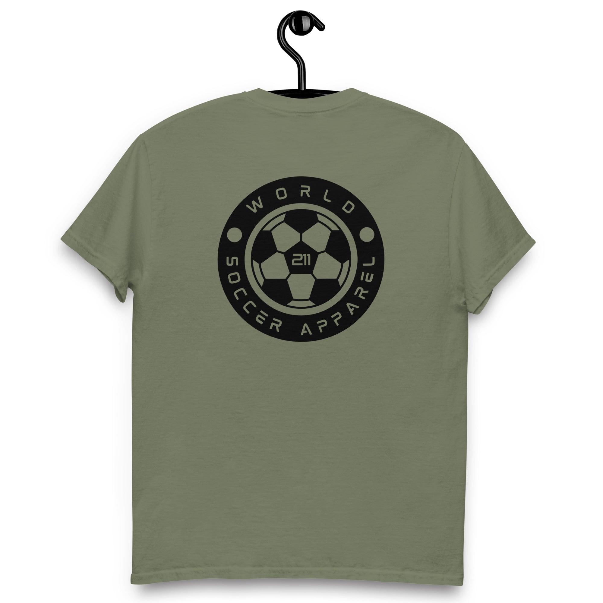 Green t-shirt with World Soccer Apparel logo on a hanger against a white background