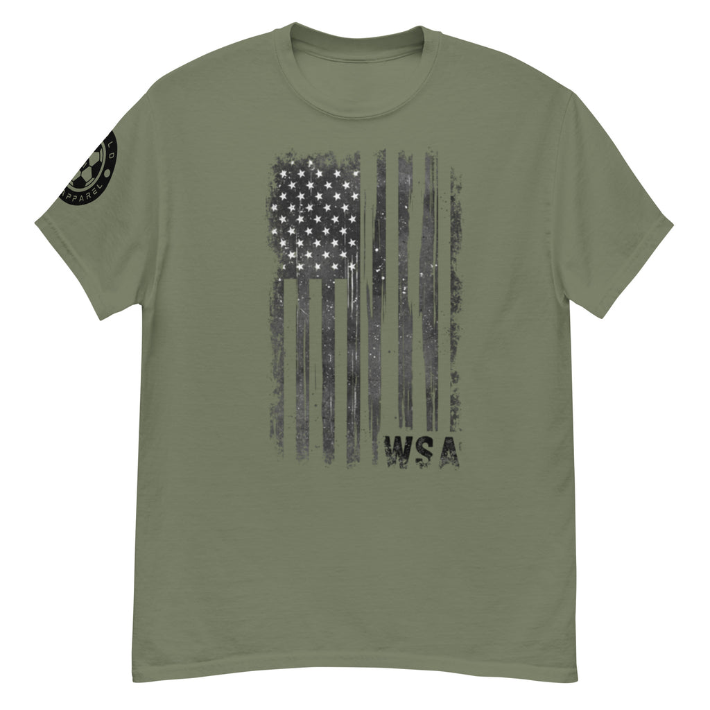 Green t-shirt with American flag design and 'WSA' text on a white background