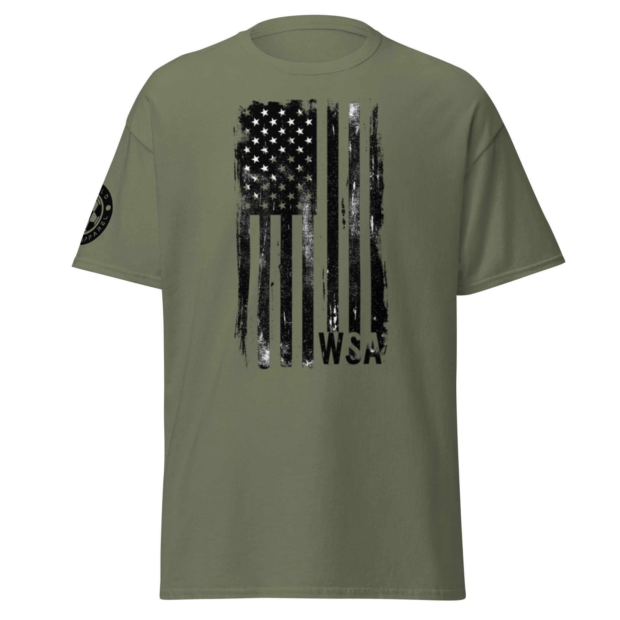 Green t-shirt with American flag design and 'WSA' text on a white background