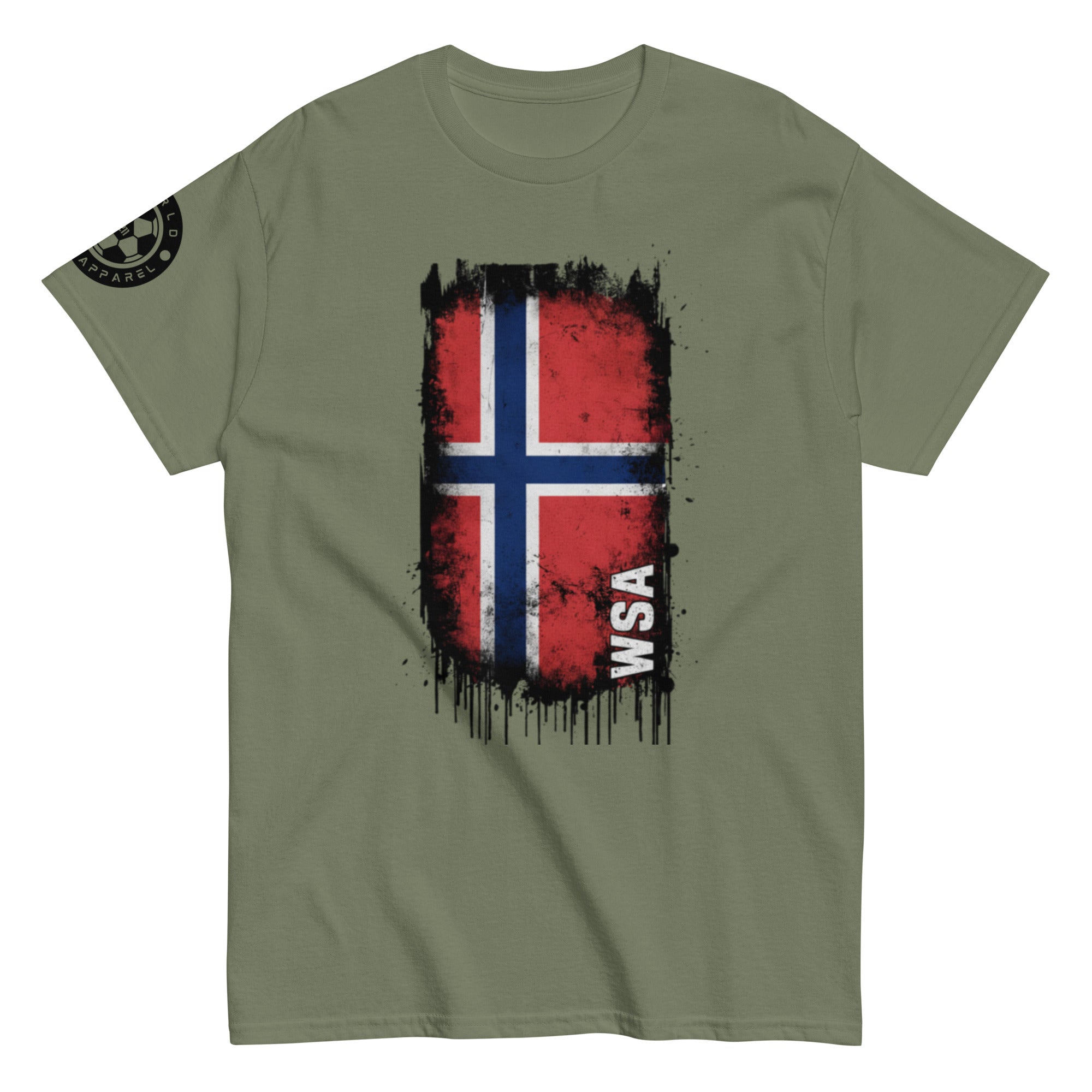 Green t-shirt with a red, white, and blue flag design and 'WSA' text on a white background