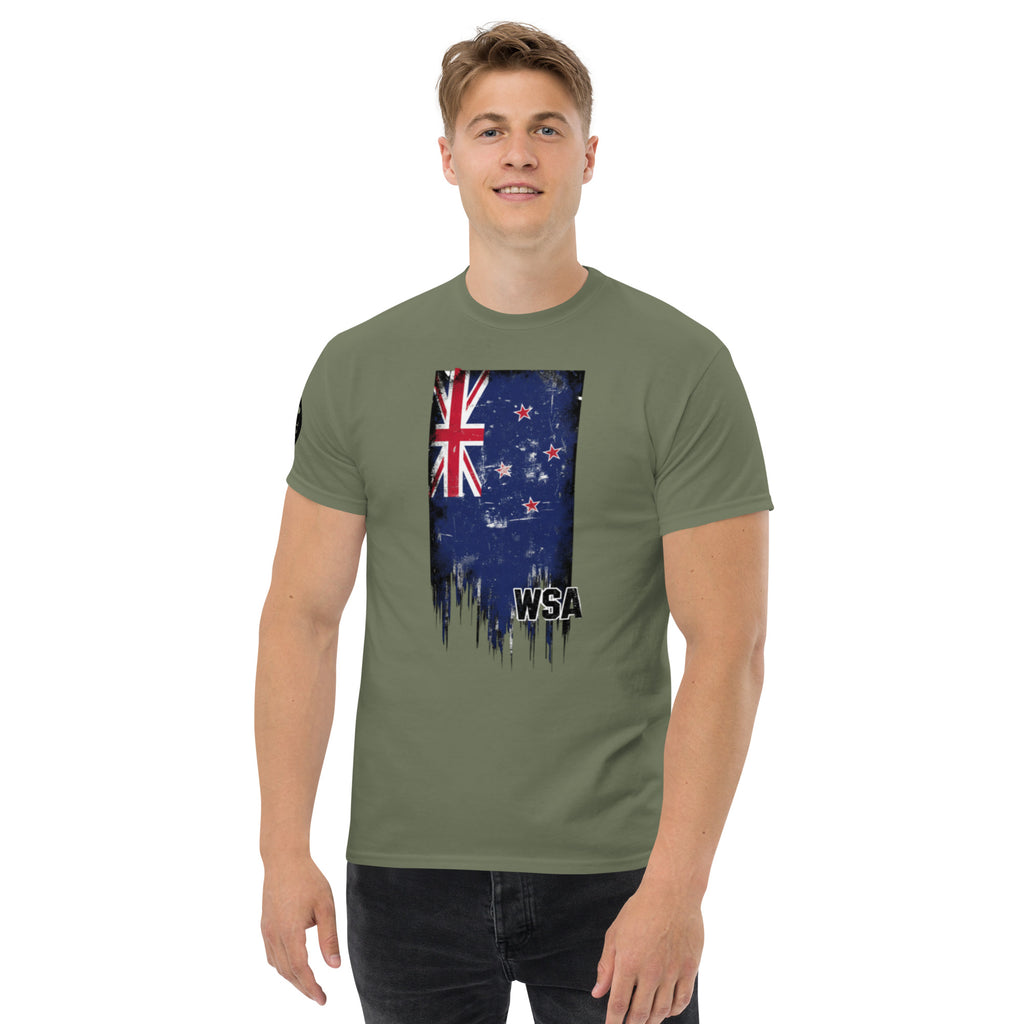 Man wearing a green t-shirt with a flag design and 'WSA' text on a white background