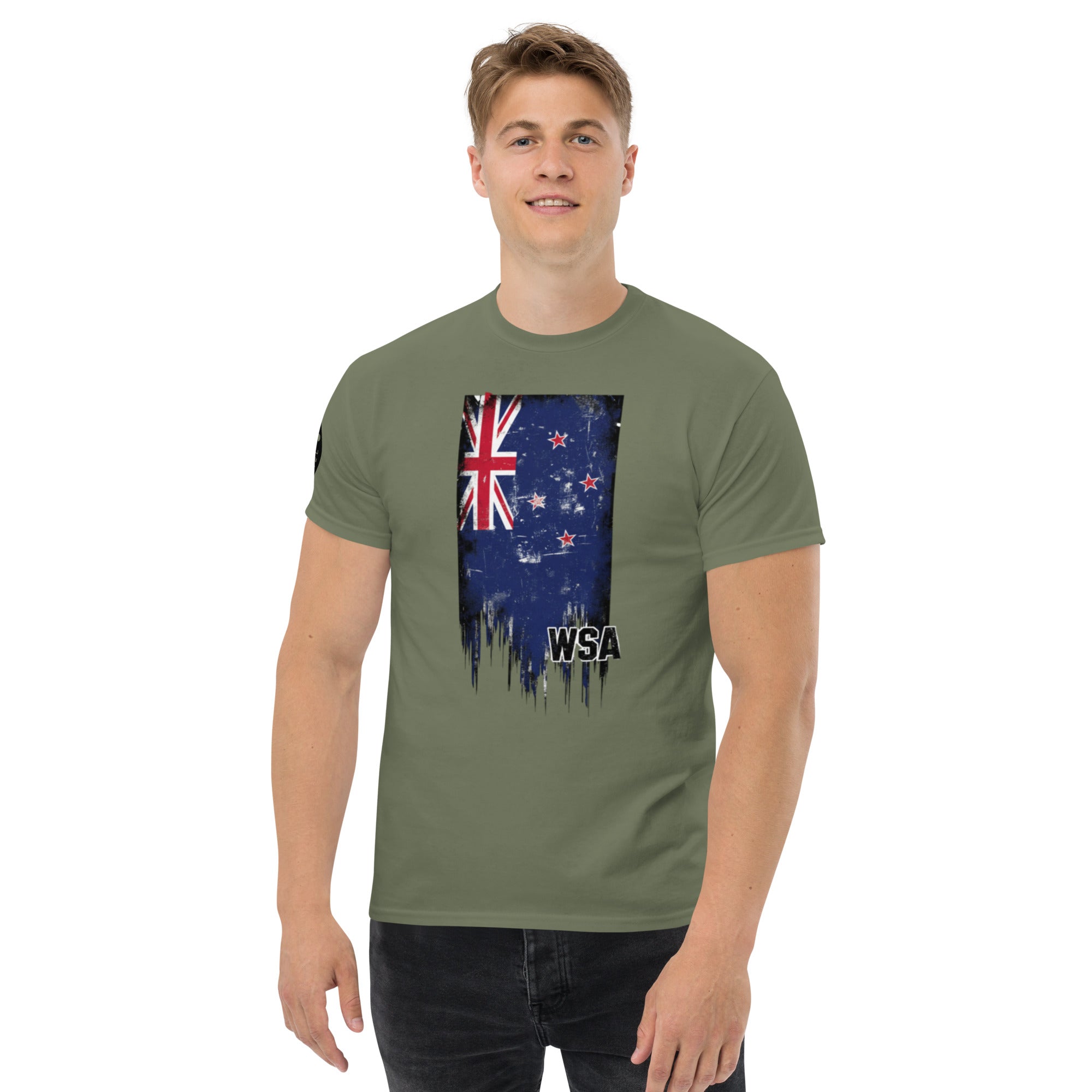 Man wearing a green t-shirt with a flag design and 'WSA' text on a white background