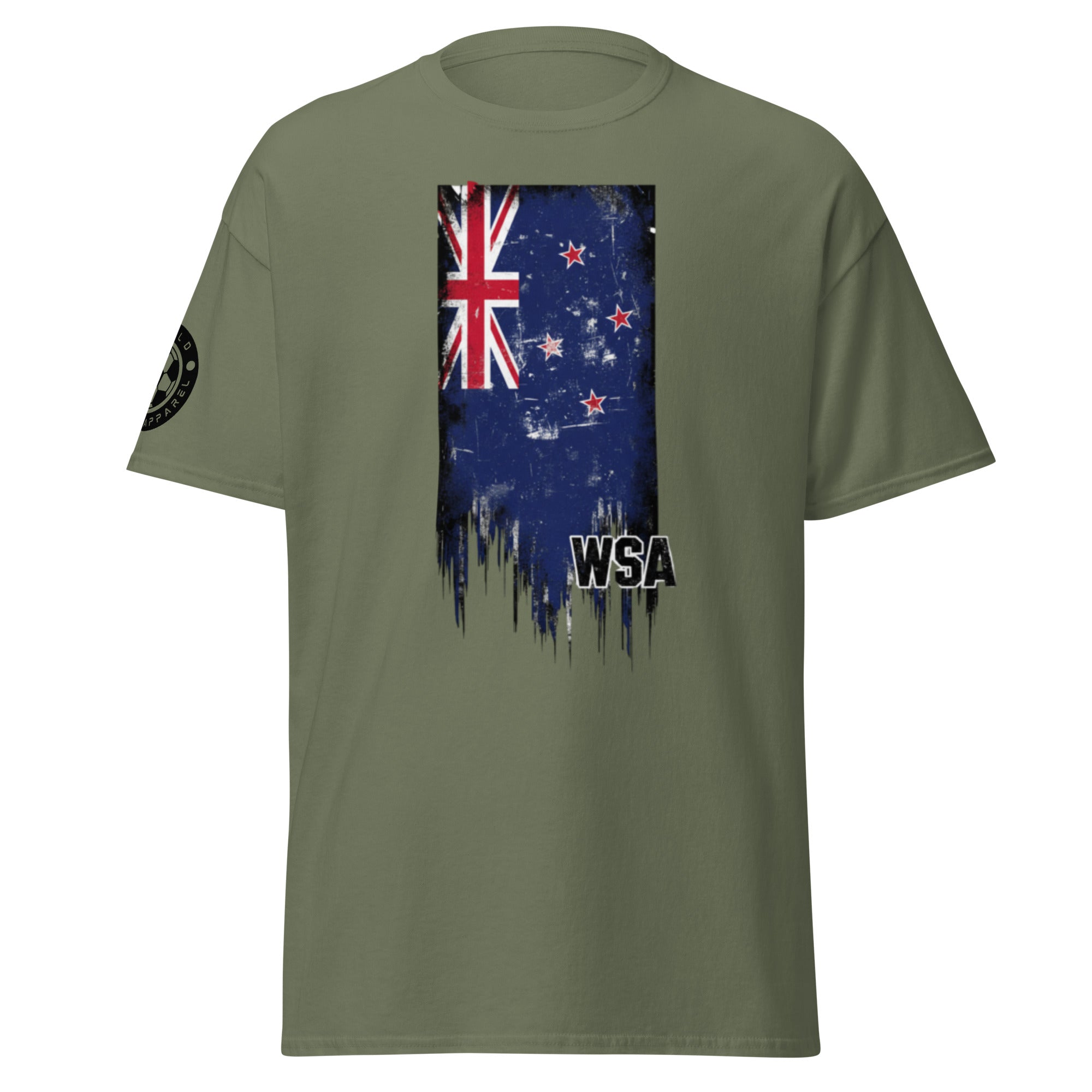 Green t-shirt with a flag design and 'WSA' text on a white background