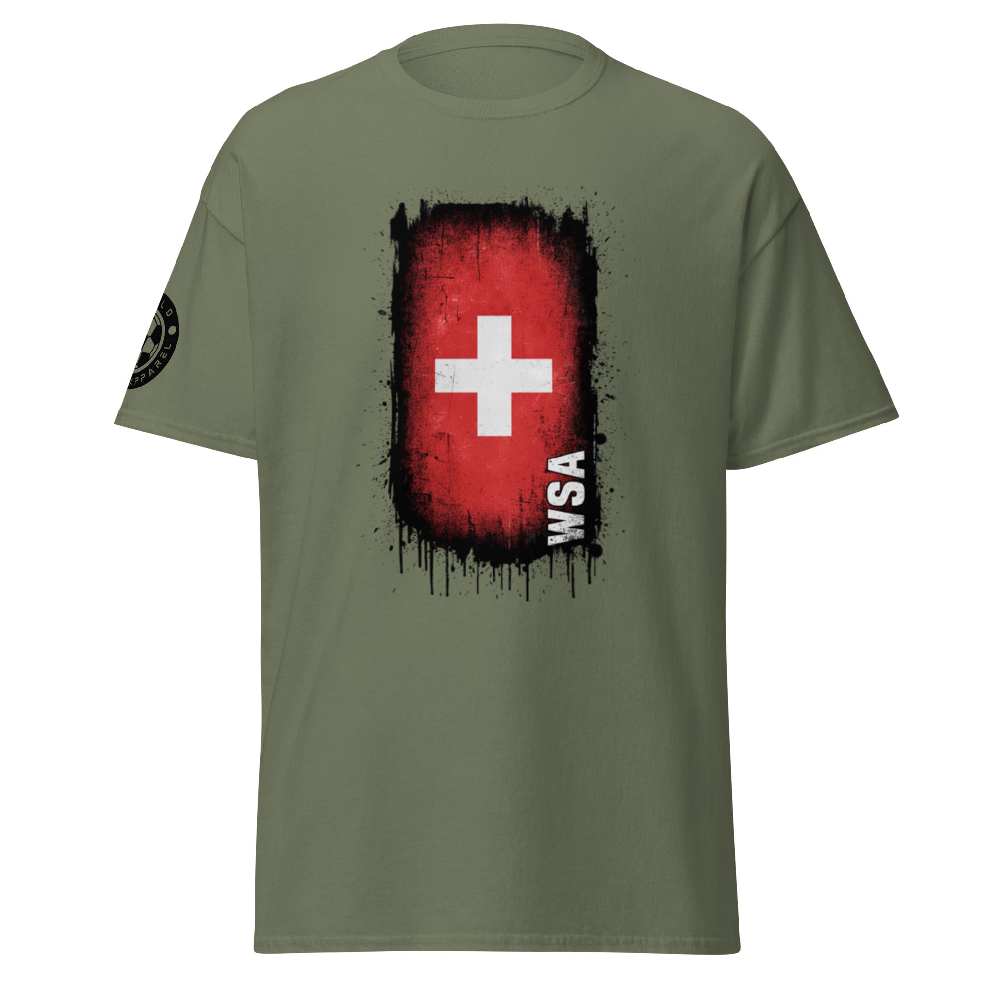 Green t-shirt with a red and black design featuring a white cross and 'WSA' text on a white background.