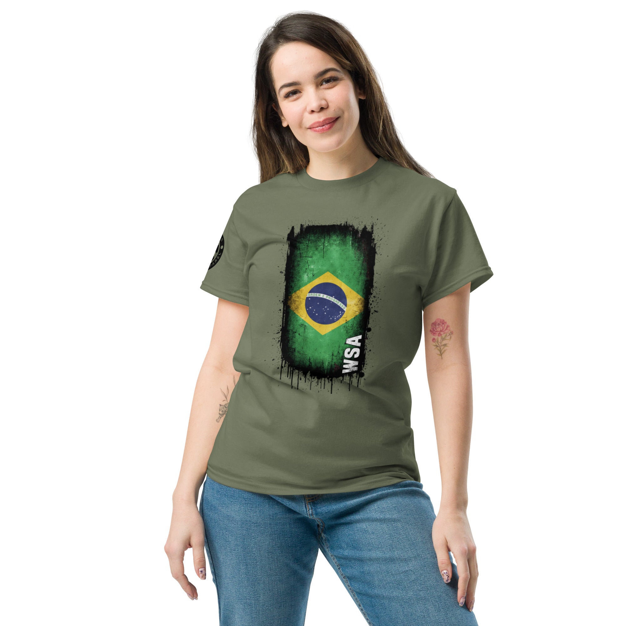 Woman wearing a green t-shirt with a Brazilian flag design on a white background