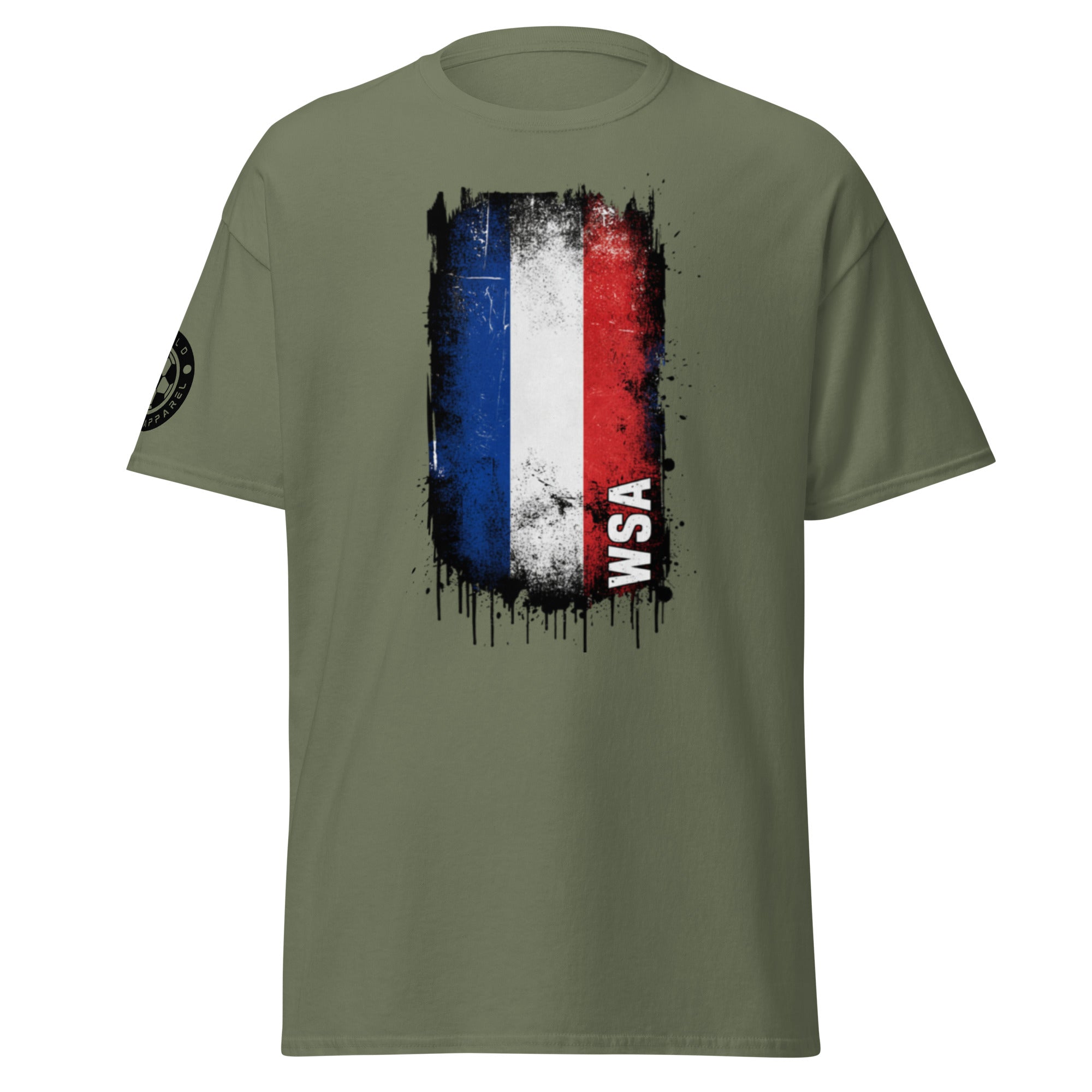 Green t-shirt with a colorful graphic design on a white background