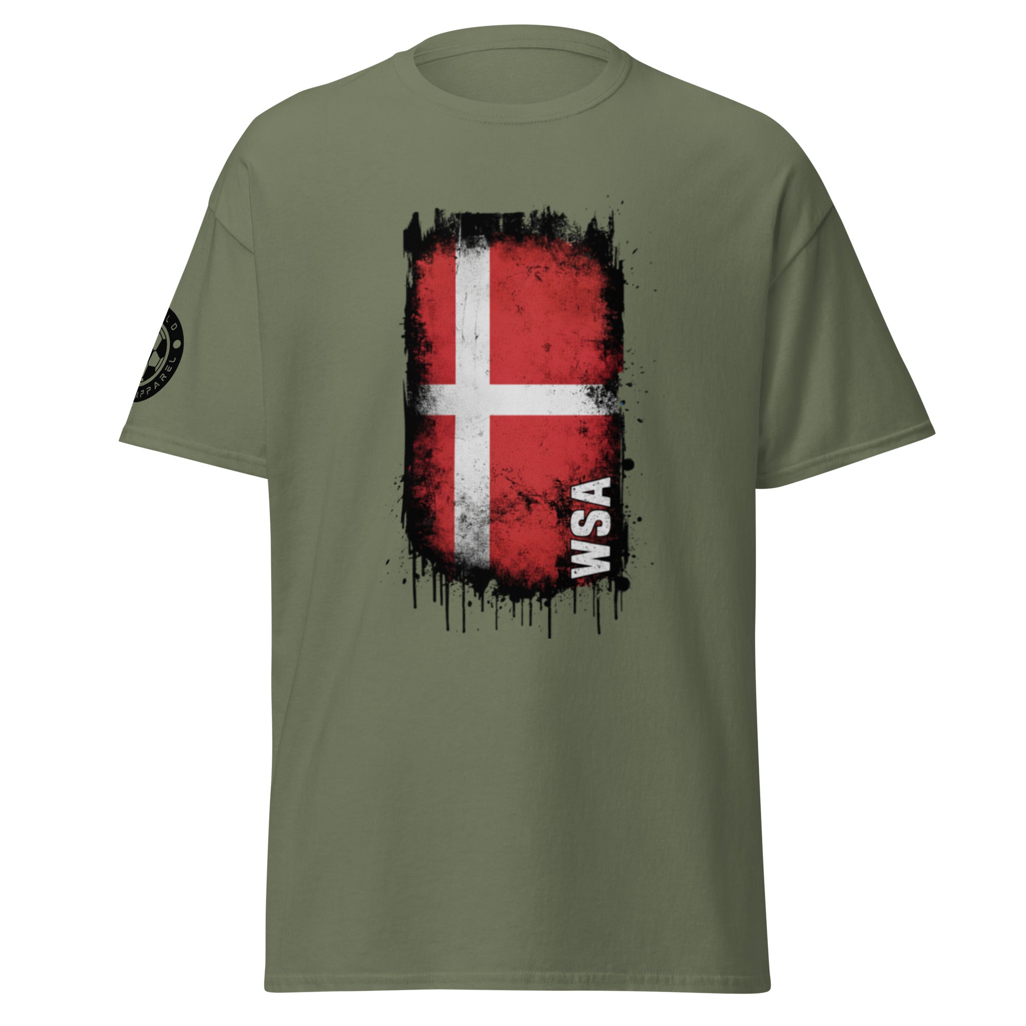Green t-shirt with Danish flag design and 'WSA' text on a white background