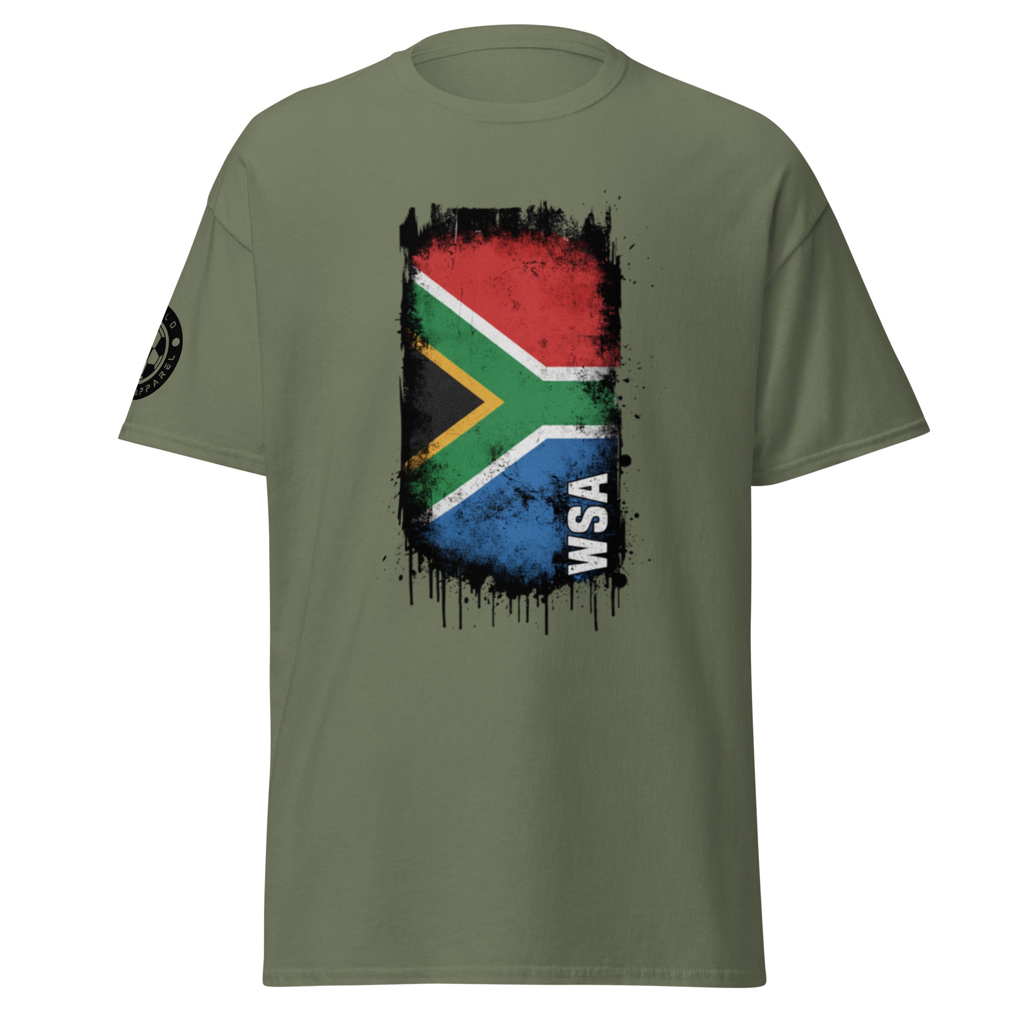 Green t-shirt with South African flag design and 'WSA' text on a white background
