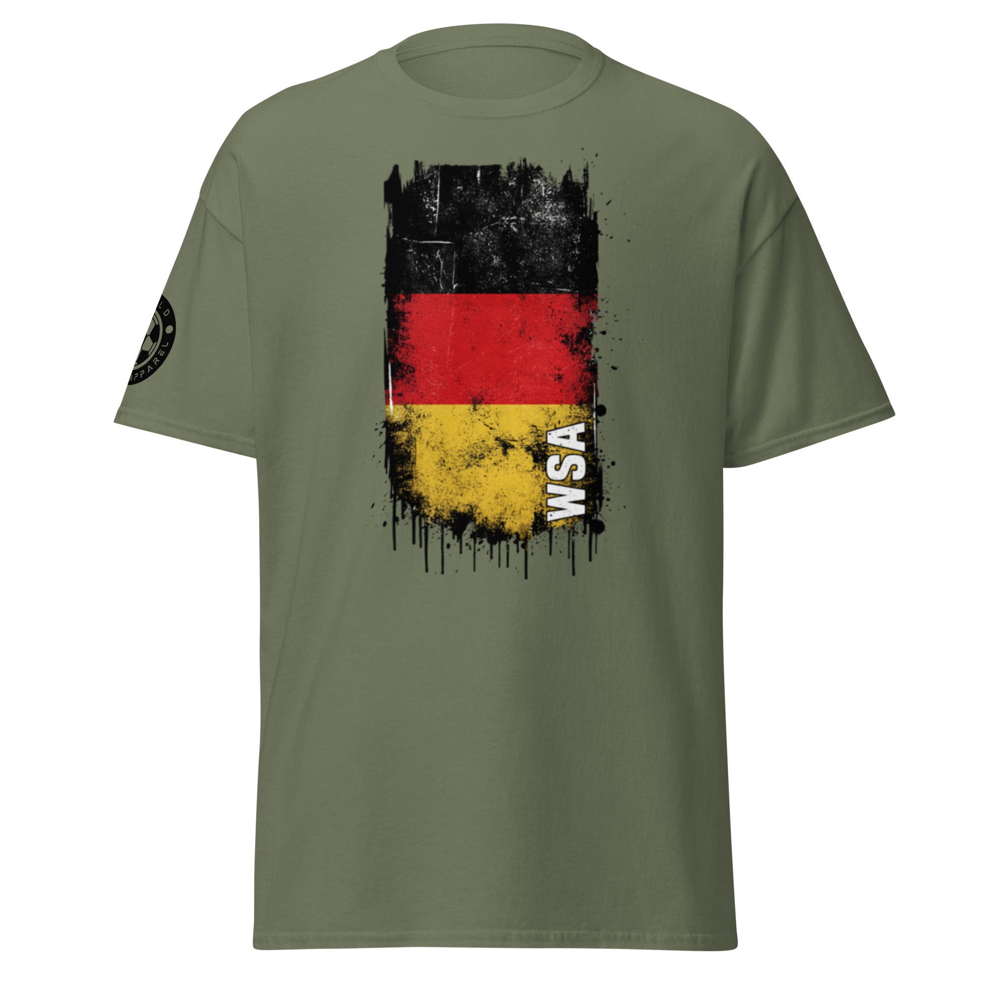 Green t-shirt with a graphic design of a flag and 'WSA' text on a white background