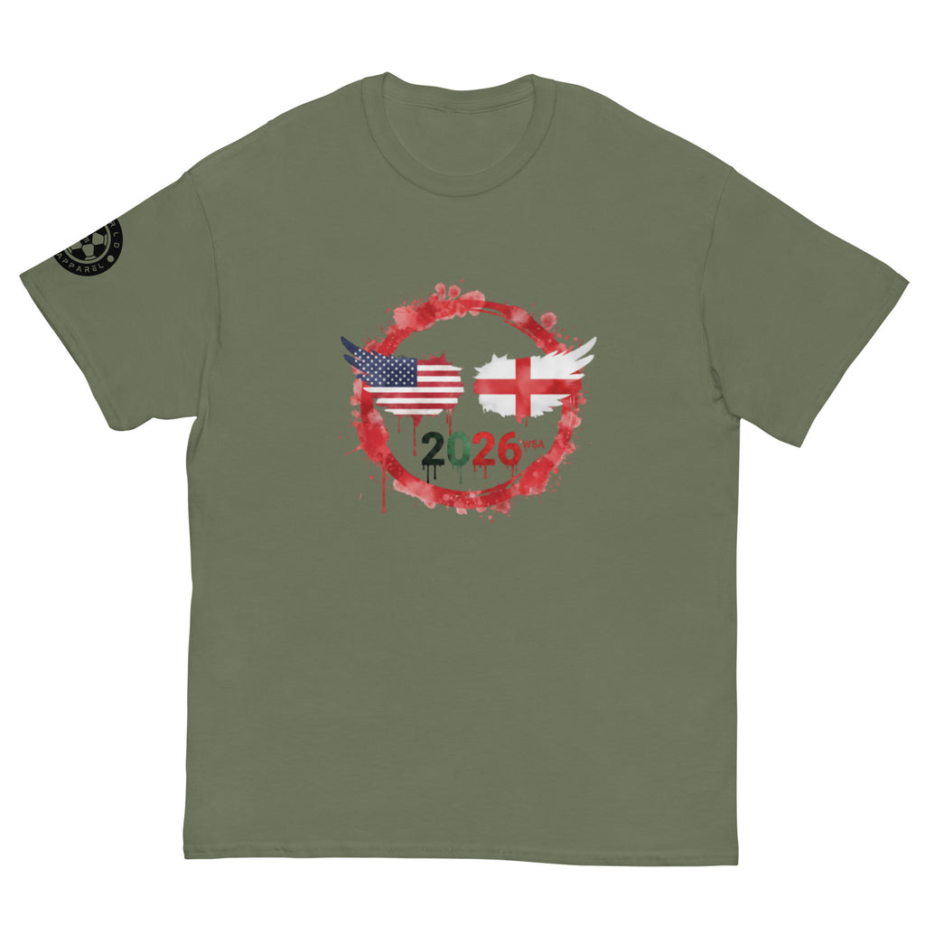 Green t-shirt with American and English flags design on a white background