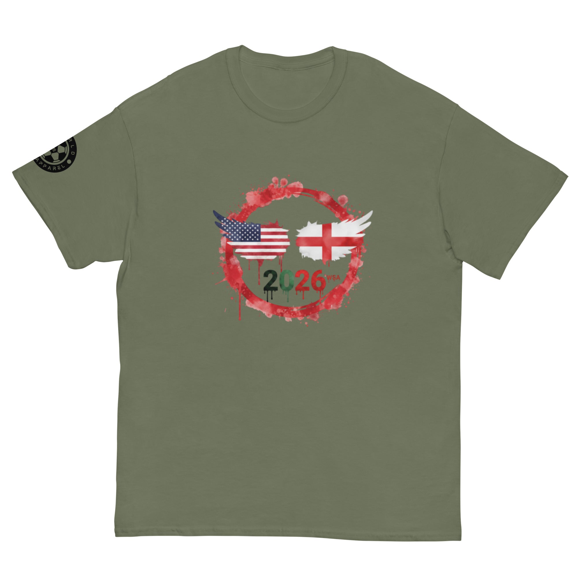 Green t-shirt with American and English flags design on a white background