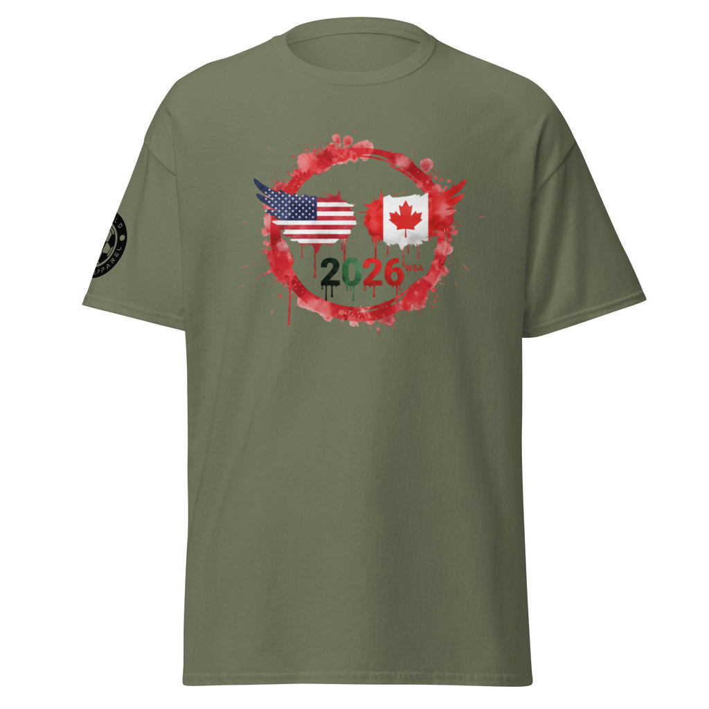 Green t-shirt with American and Canadian flags and '2026' printed on a white background