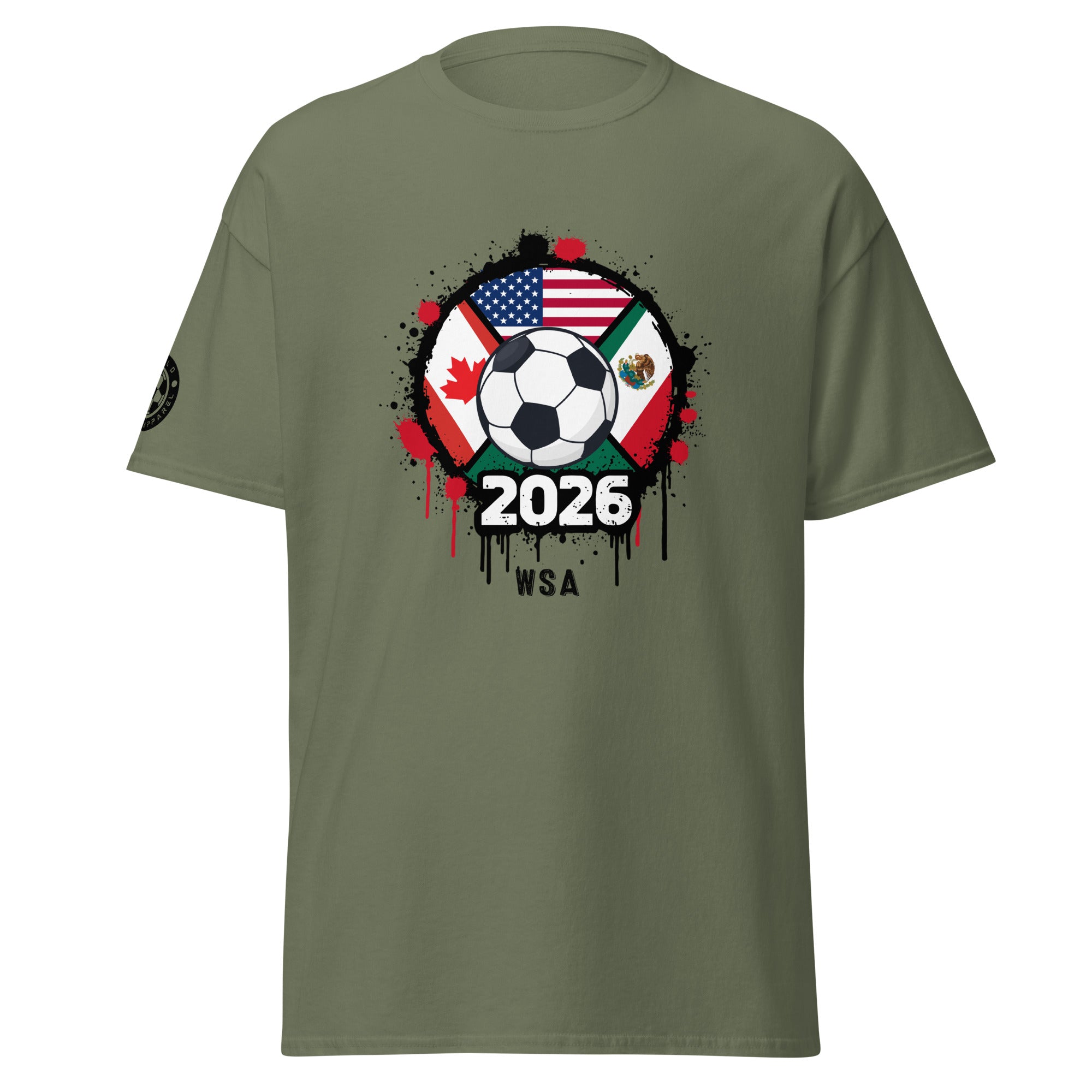 Green t-shirt with soccer ball and flags design on a white background