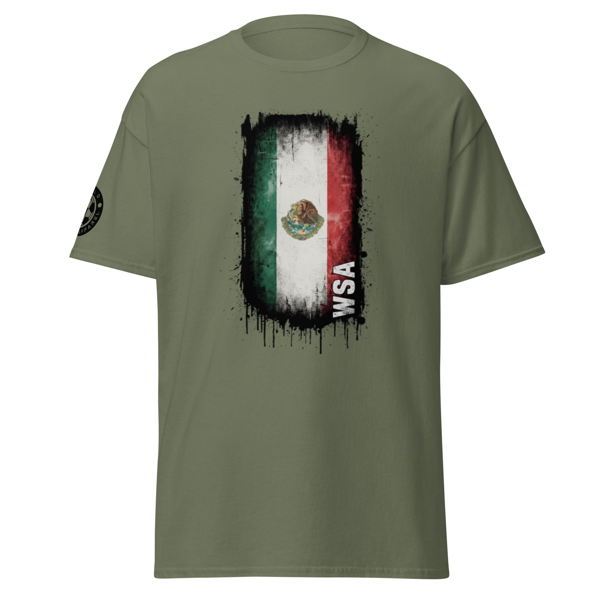 Green t-shirt with a graphic design of a flag and 'WSA' text on a white background